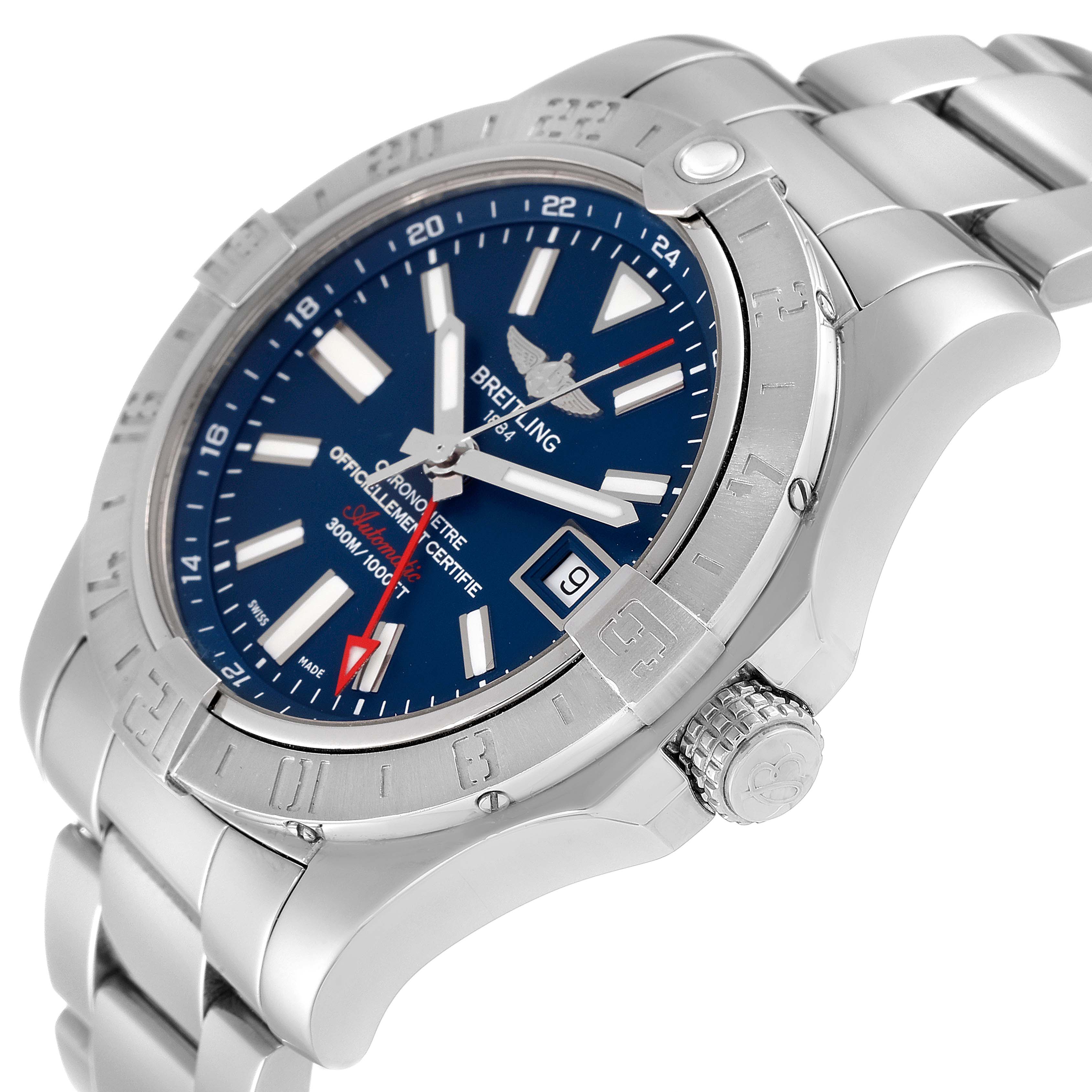 The image shows a side angle of an Avenger model by Breitling, displaying the bracelet, bezel, crown, and face.