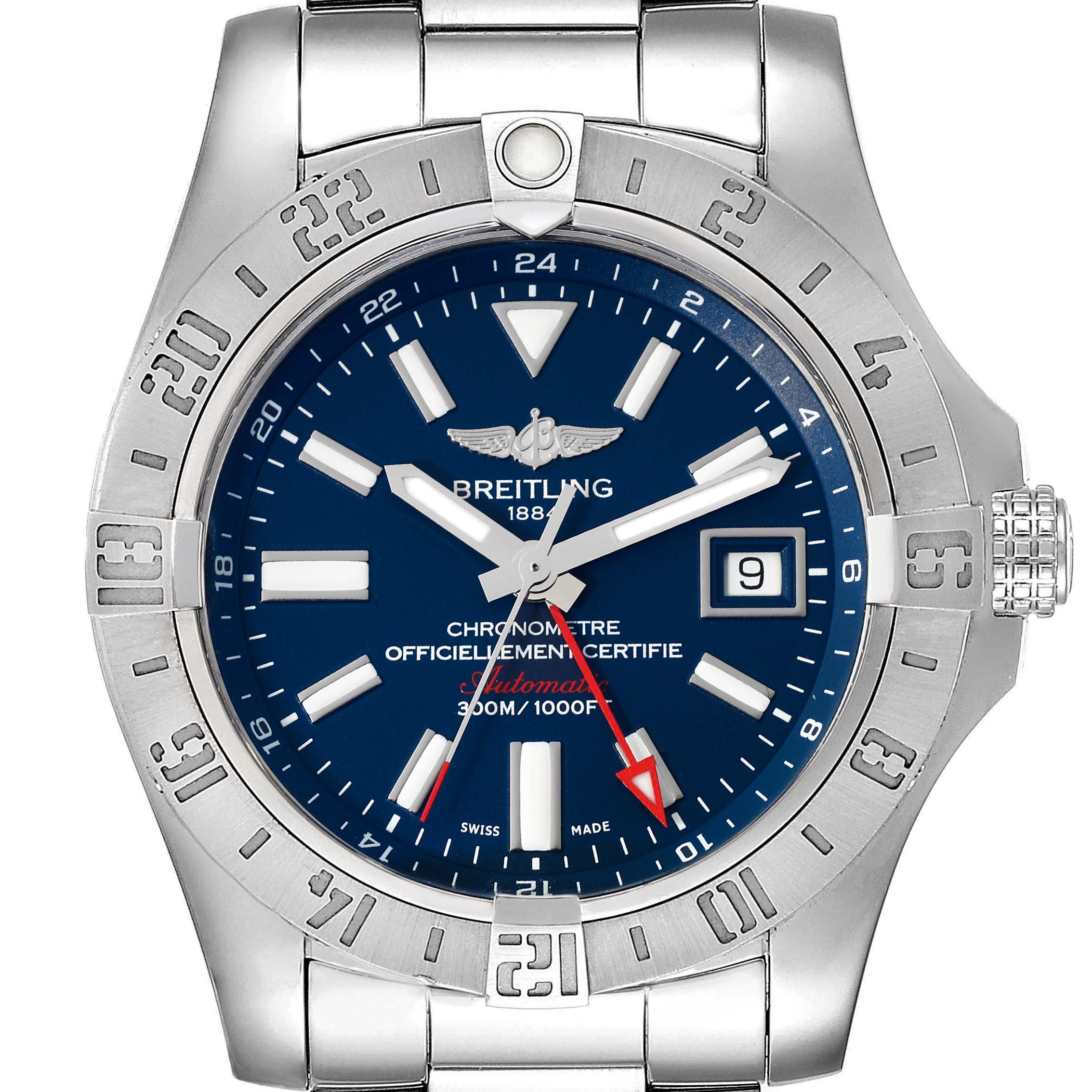 The image displays a frontal view of a Breitling Avenger A3239011-C872-170A Men's Stainless Steel Blue Dial A3239011-C872-170A Men's Stainless Steel Blue Dial watch, highlighting its bezel, dial, hands, and date window.