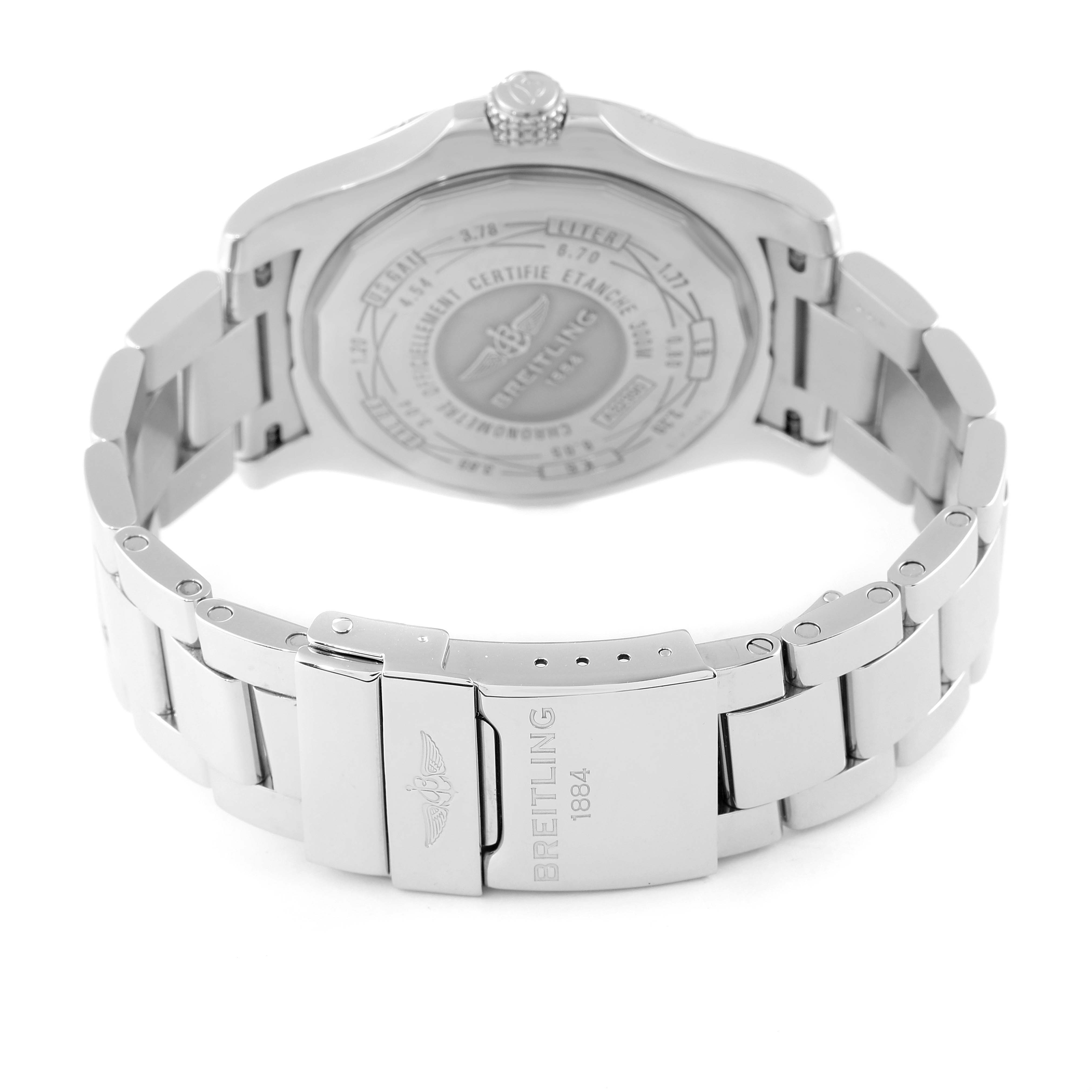 The image shows the back and clasp of a Breitling Avenger A3239011-C872-170A Men's Stainless Steel Blue Dial A3239011-C872-170A Men's Stainless Steel Blue Dial watch, highlighting the bracelet and markings on the casing.