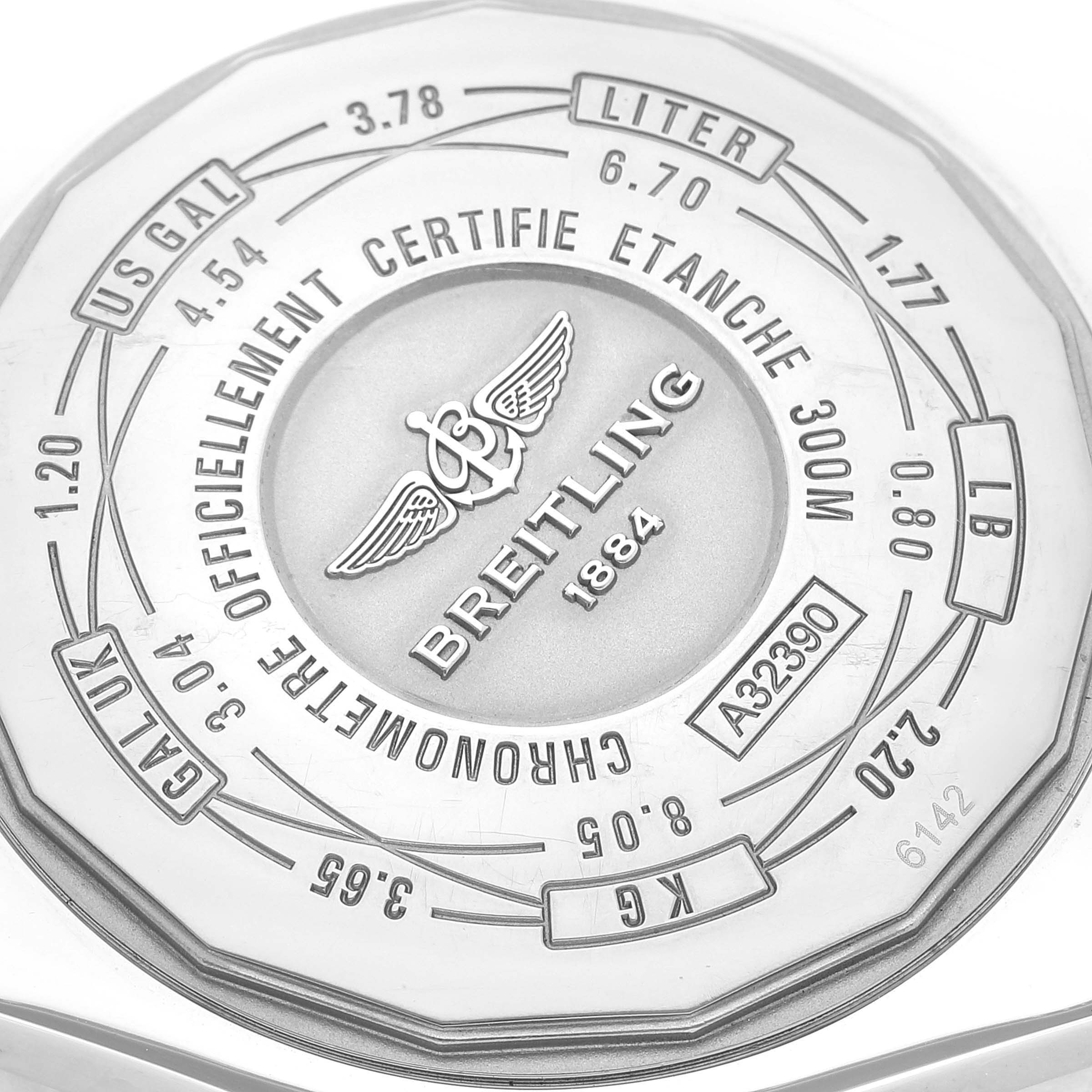 The image shows the back case of a Breitling Avenger A3239011-C872-170A Men's Stainless Steel Blue Dial A3239011-C872-170A Men's Stainless Steel Blue Dial watch, displaying certification details and various unit conversions.