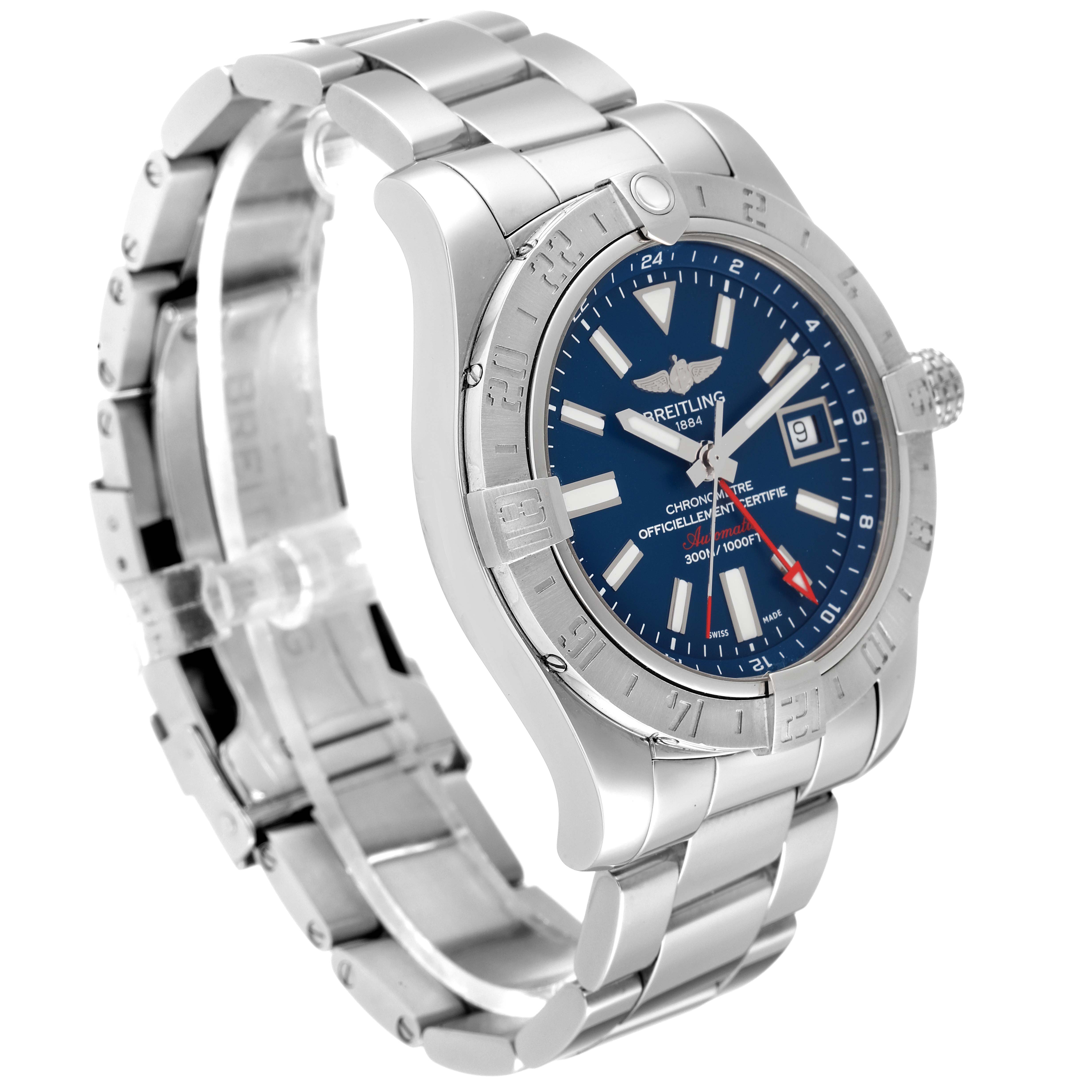 The image shows a Breitling Avenger A3239011-C872-170A Men's Stainless Steel Blue Dial A3239011-C872-170A Men's Stainless Steel Blue Dial watch at a three-quarter angle, highlighting the bracelet, bezel, and blue dial.