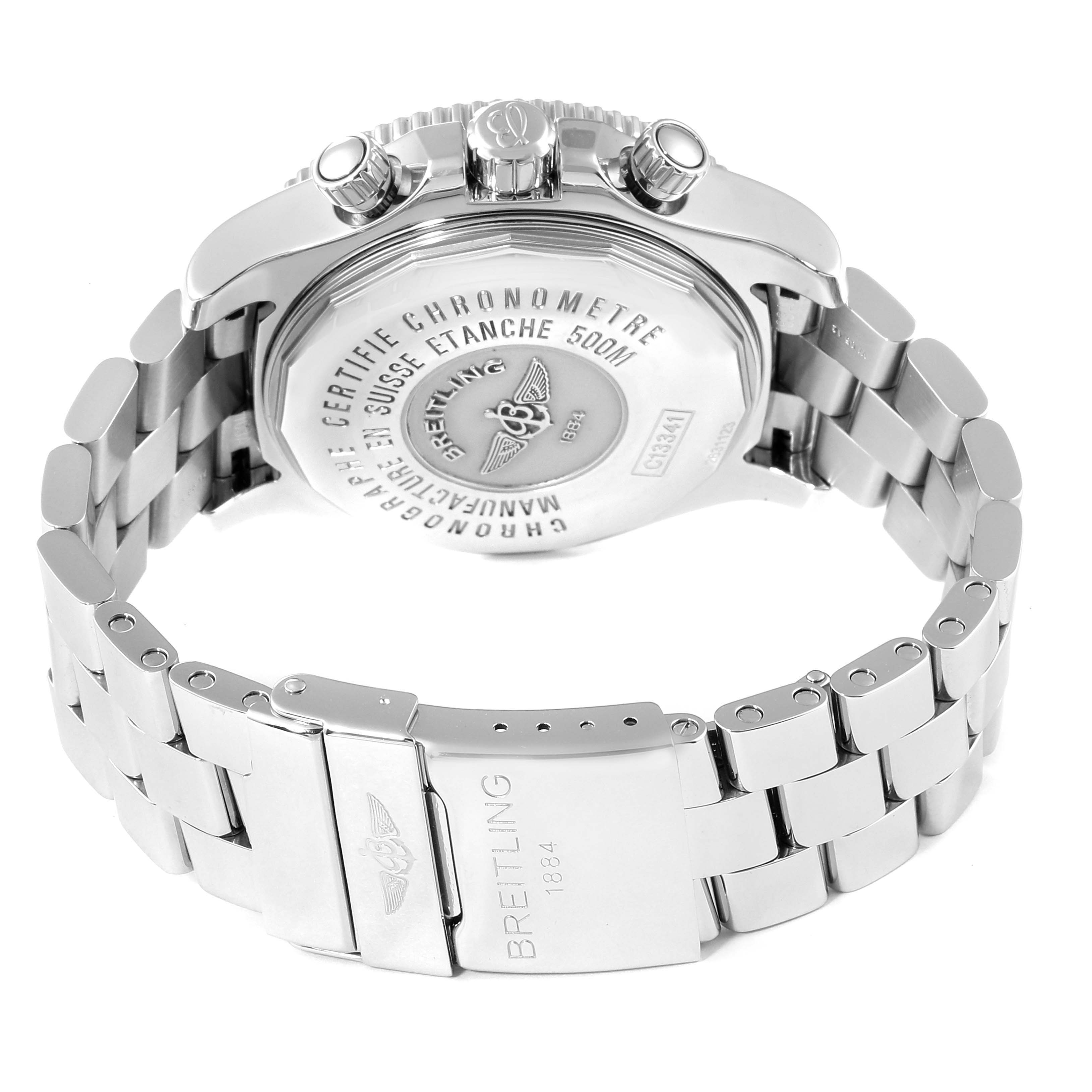 The image shows the back and bracelet of the Breitling Superocean C13341 Men's Steel and Gold (two tone) Black Dial C13341 Men's Steel and Gold (two tone) Black Dial watch, highlighting its engraved case back and clasp.