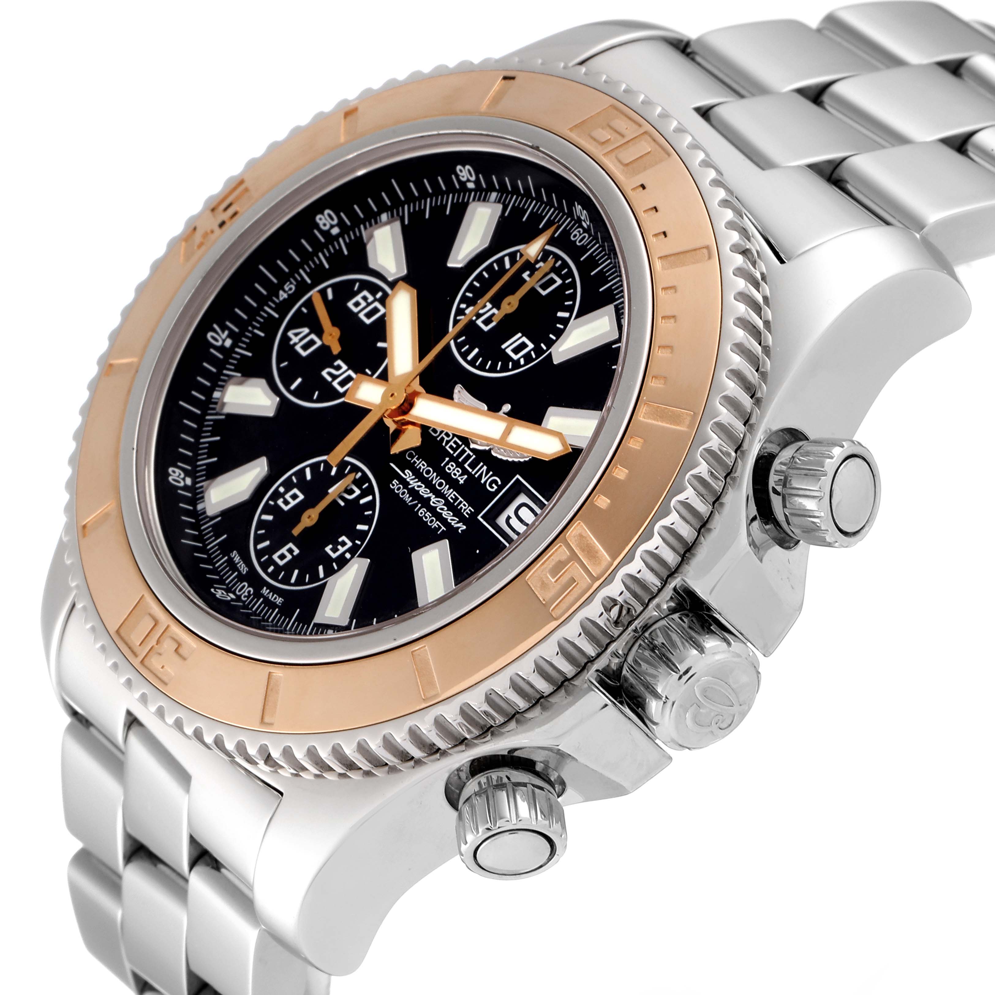The image shows a close-up angled view of a Breitling Superocean C13341 Men's Steel and Gold (two tone) Black Dial C13341 Men's Steel and Gold (two tone) Black Dial watch, highlighting its bezel, dial, pushers, and crown.