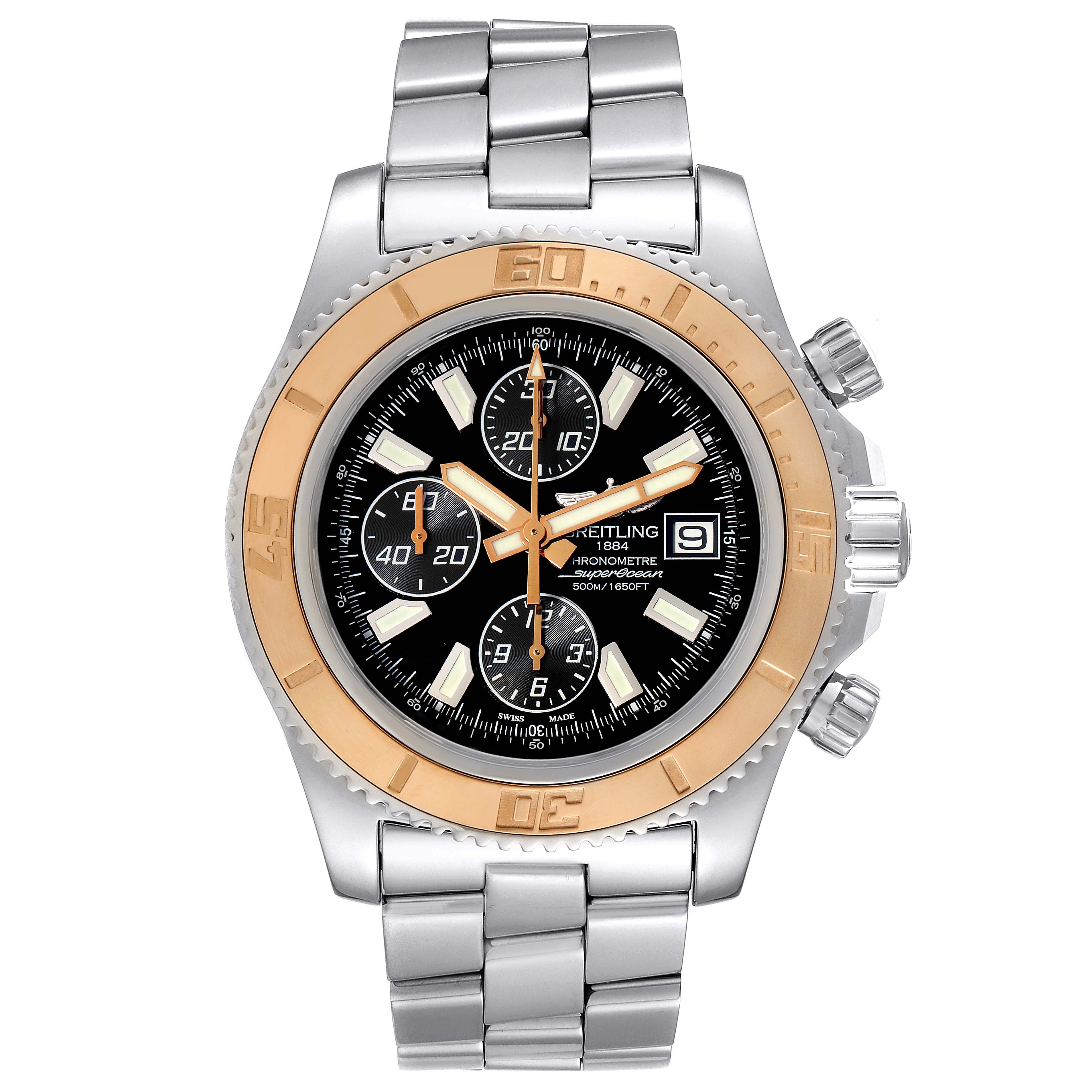 This is a frontal view of a Breitling Superocean C13341 Men's Steel and Gold (two tone) Black Dial C13341 Men's Steel and Gold (two tone) Black Dial watch, displaying its face, bezel, and bracelet.