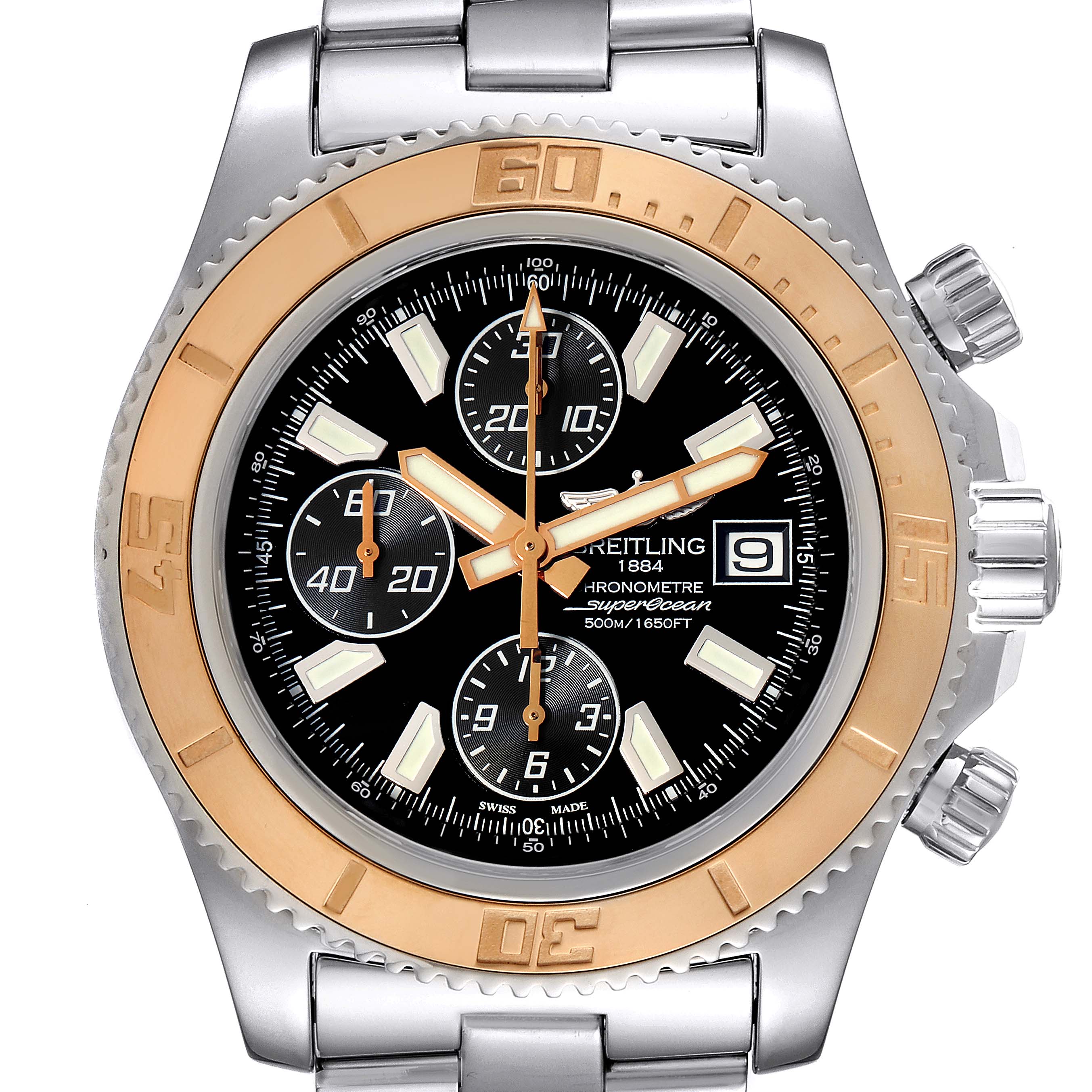 The Breitling Superocean C13341 Men's Steel and Gold (two tone) Black Dial C13341 Men's Steel and Gold (two tone) Black Dial watch is shown from the front, displaying the dial, bezel, and part of the bracelet.