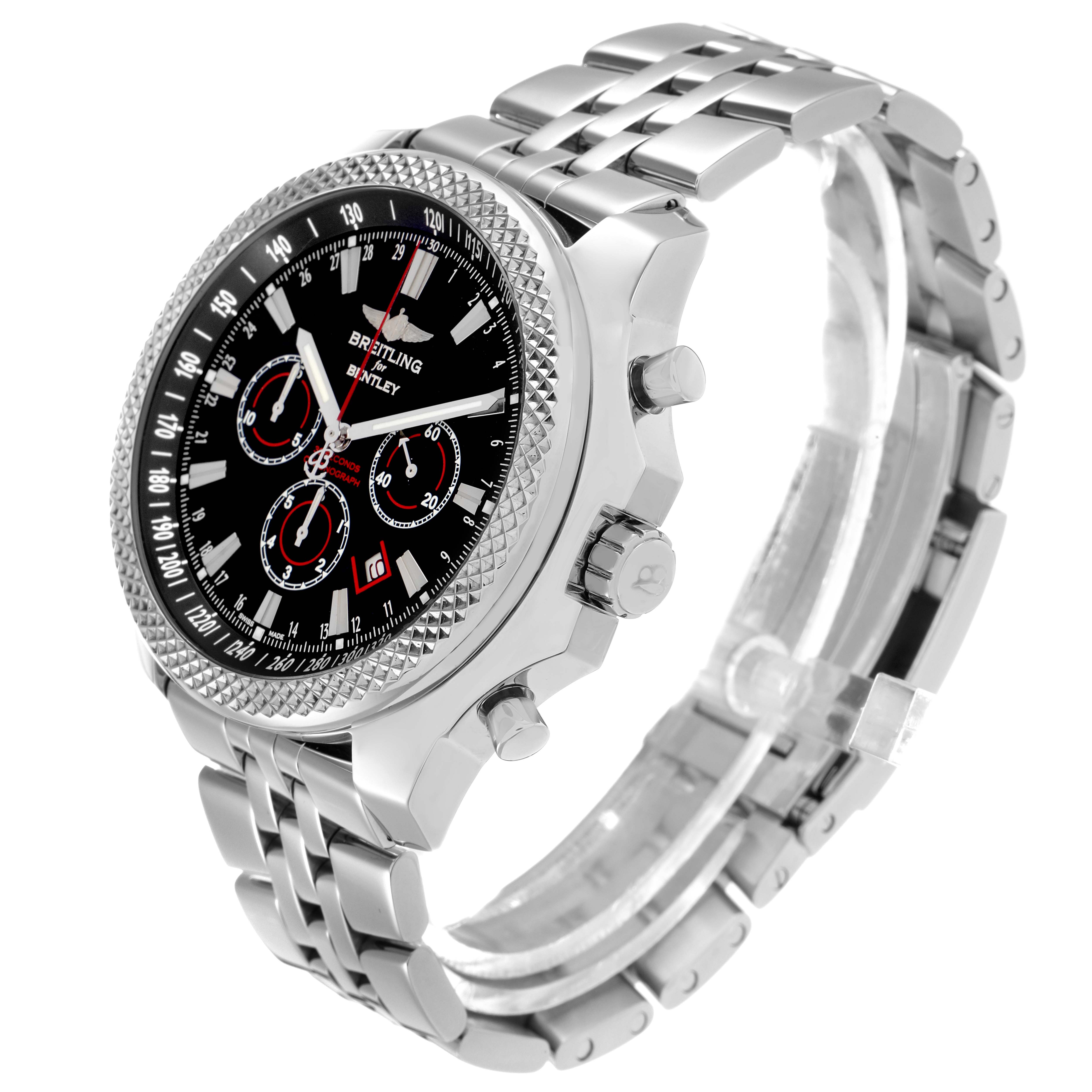 The Breitling Bentley A25368 Men
s Stainless Steel Black Dial watch is shown at a three-quarter angle, displaying its face, bezel, and metal bracelet.