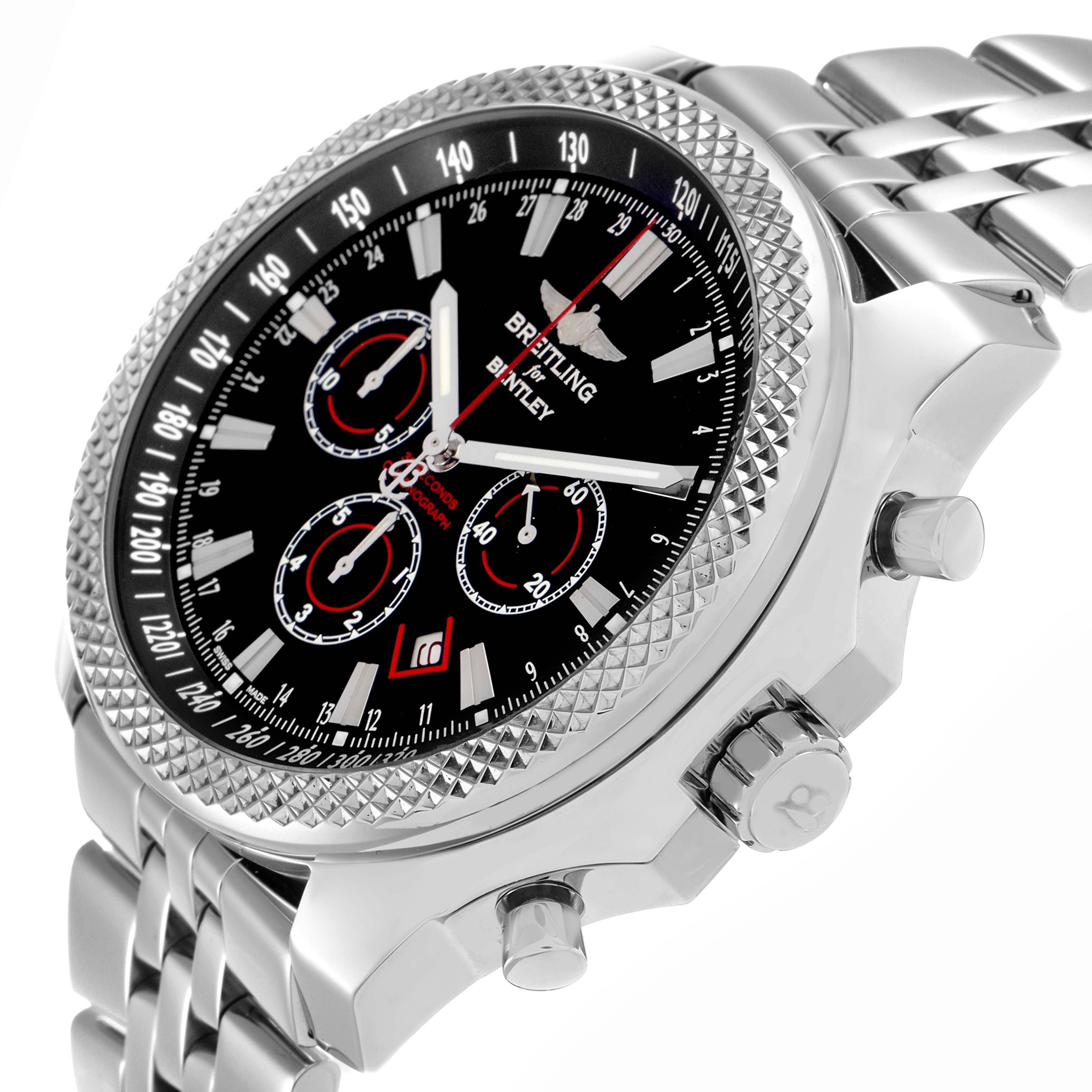 The Breitling Bentley A25368 Men
s Stainless Steel Black Dial watch is shown at a three-quarter angle, displaying the bezel, crown, pushers, and part of the bracelet.