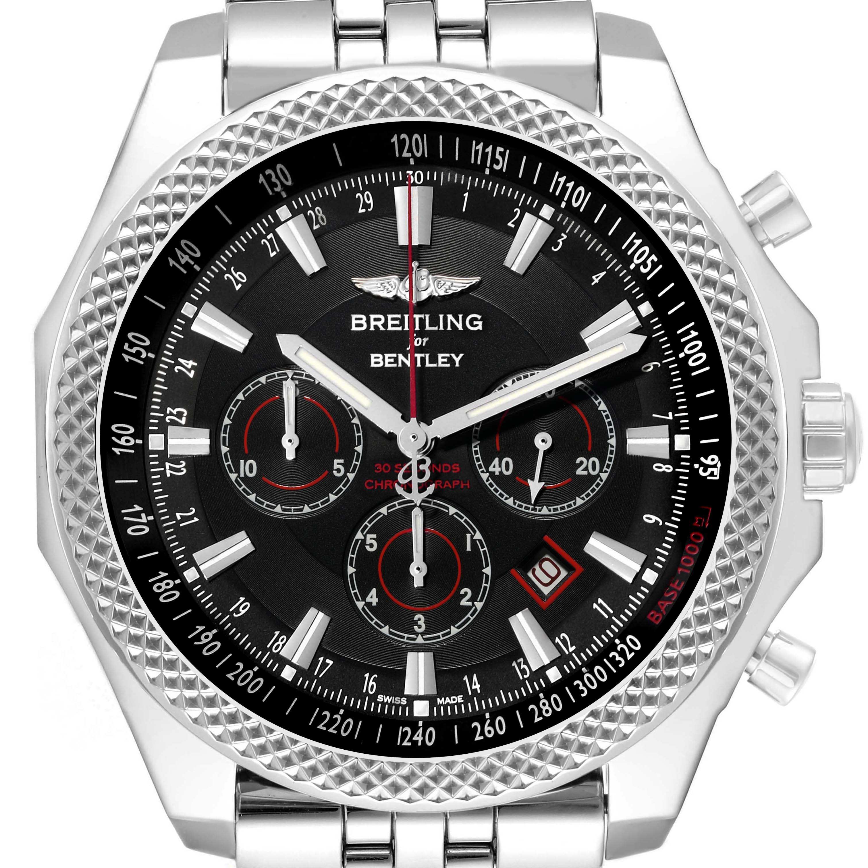 The Breitling Bentley A25368 Men
s Stainless Steel Black Dial watch is shown from the front, highlighting the face, bezel, and chronograph dials.