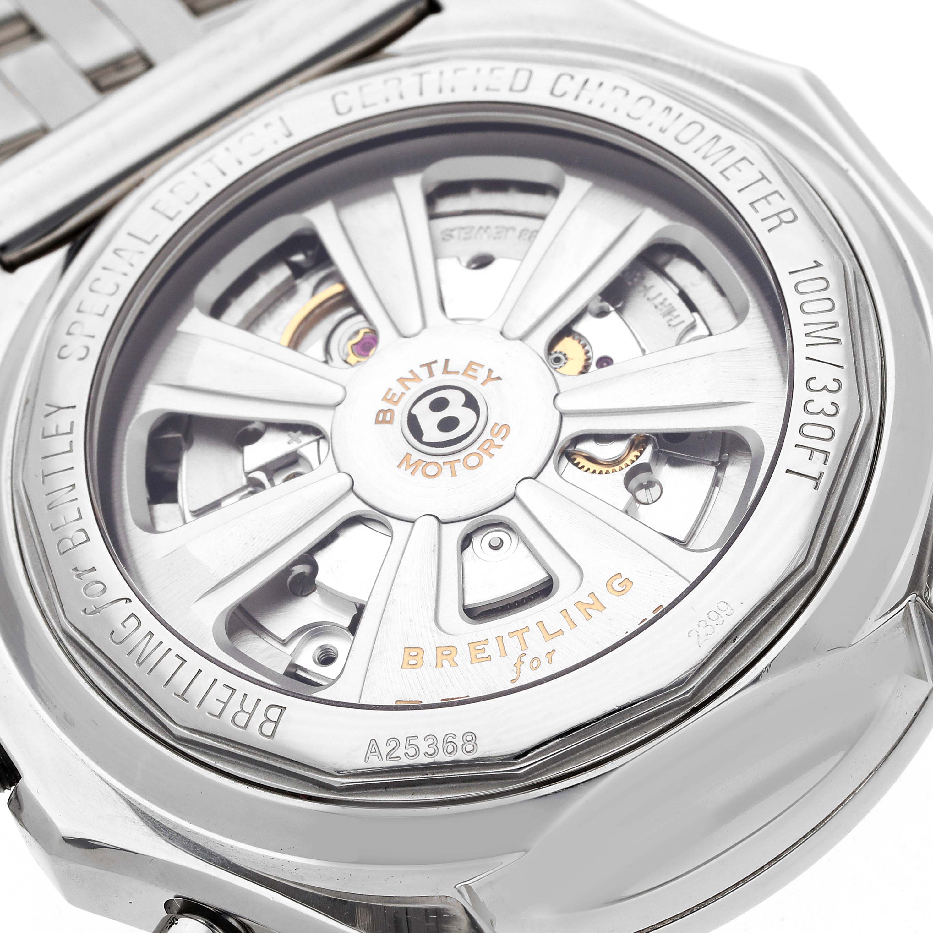 The image shows the back of a Bentley model by Breitling, highlighting the movement and engravings.