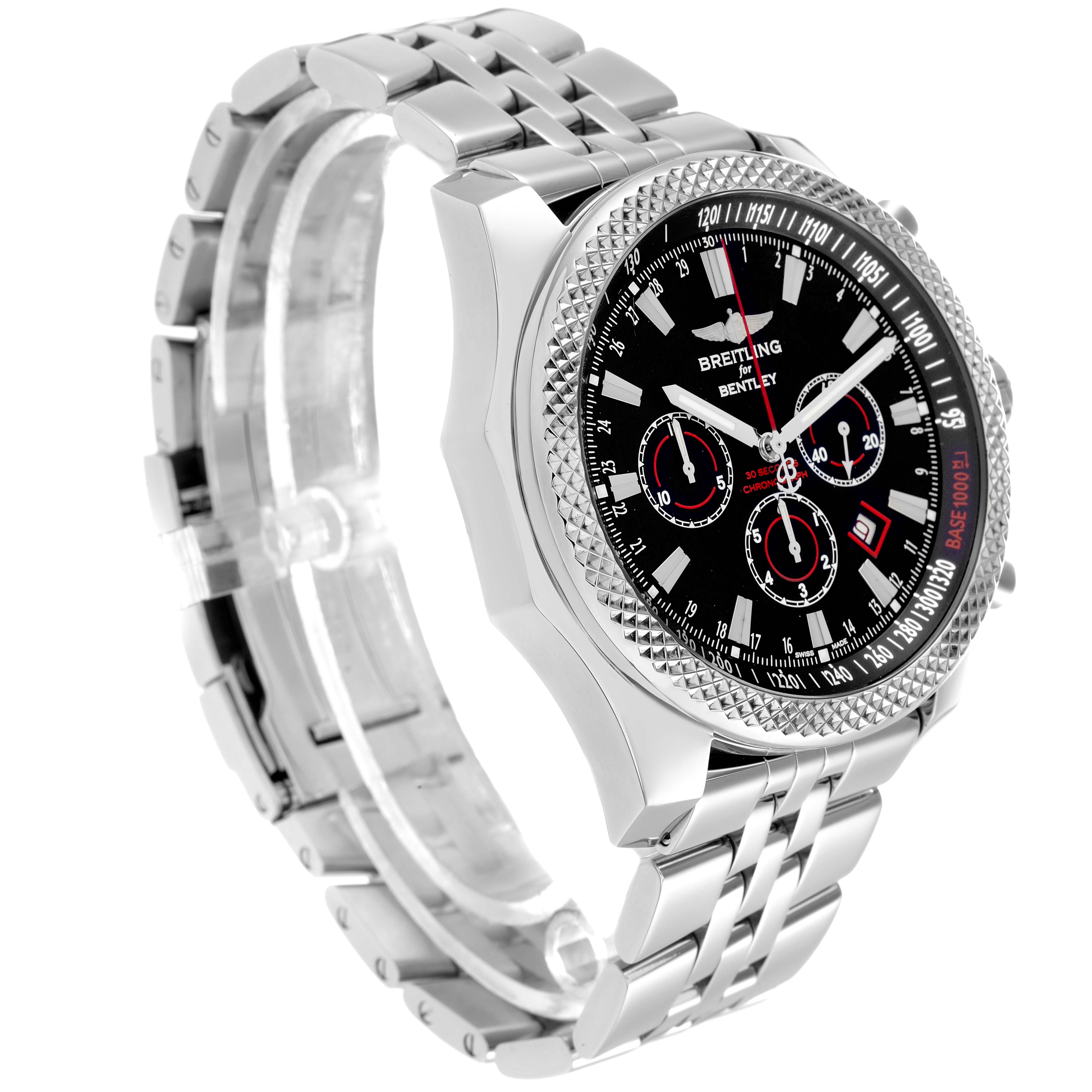The Breitling Bentley A25368 Men
s Stainless Steel Black Dial watch is shown from a side angle highlighting the bracelet, case, and dial with subdials.