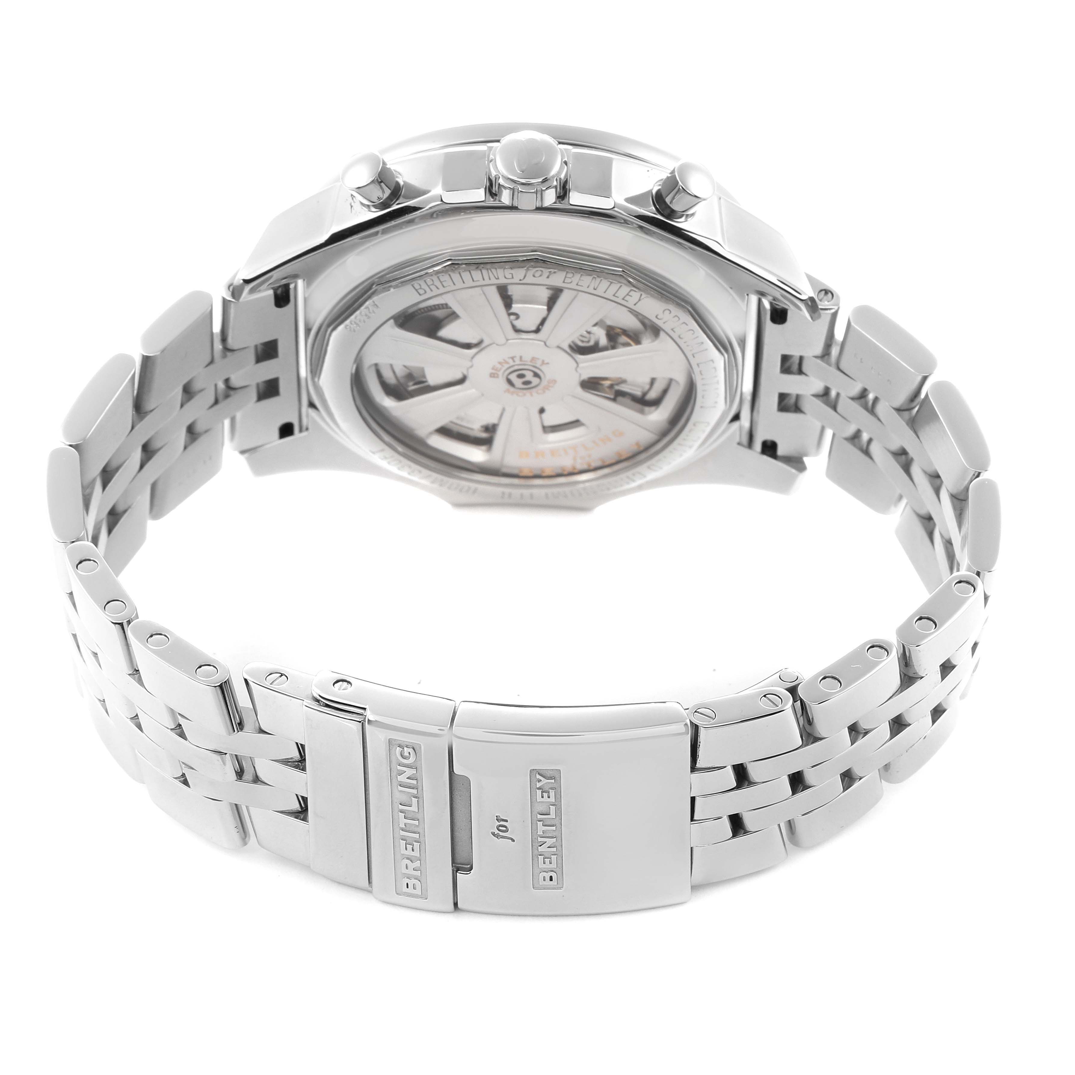 The Bentley model by Breitling is shown from the back, highlighting the case back, clasp, and bracelet.