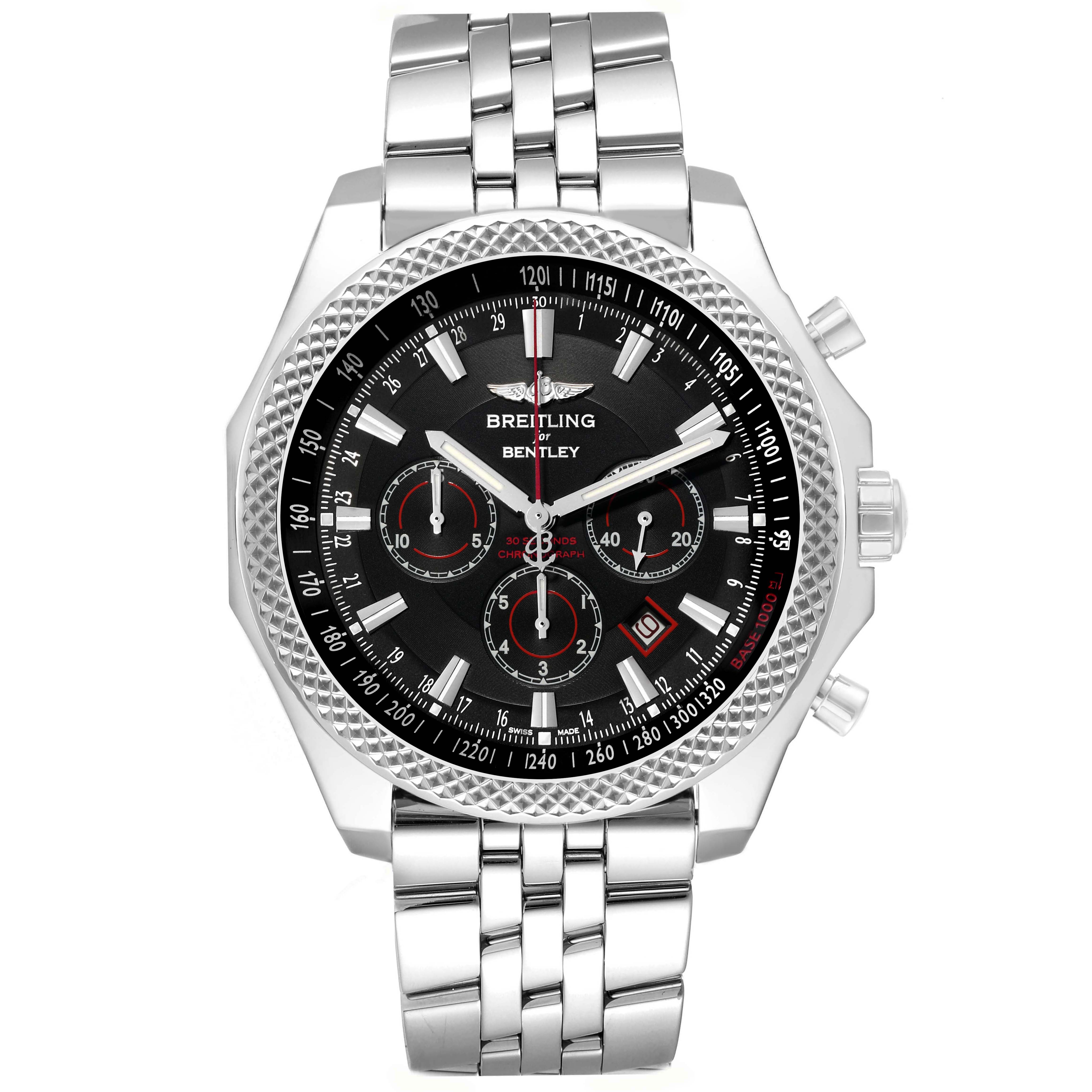 The Breitling for Bentley watch is shown from a front angle, highlighting the bezel, dial, and stainless steel bracelet.