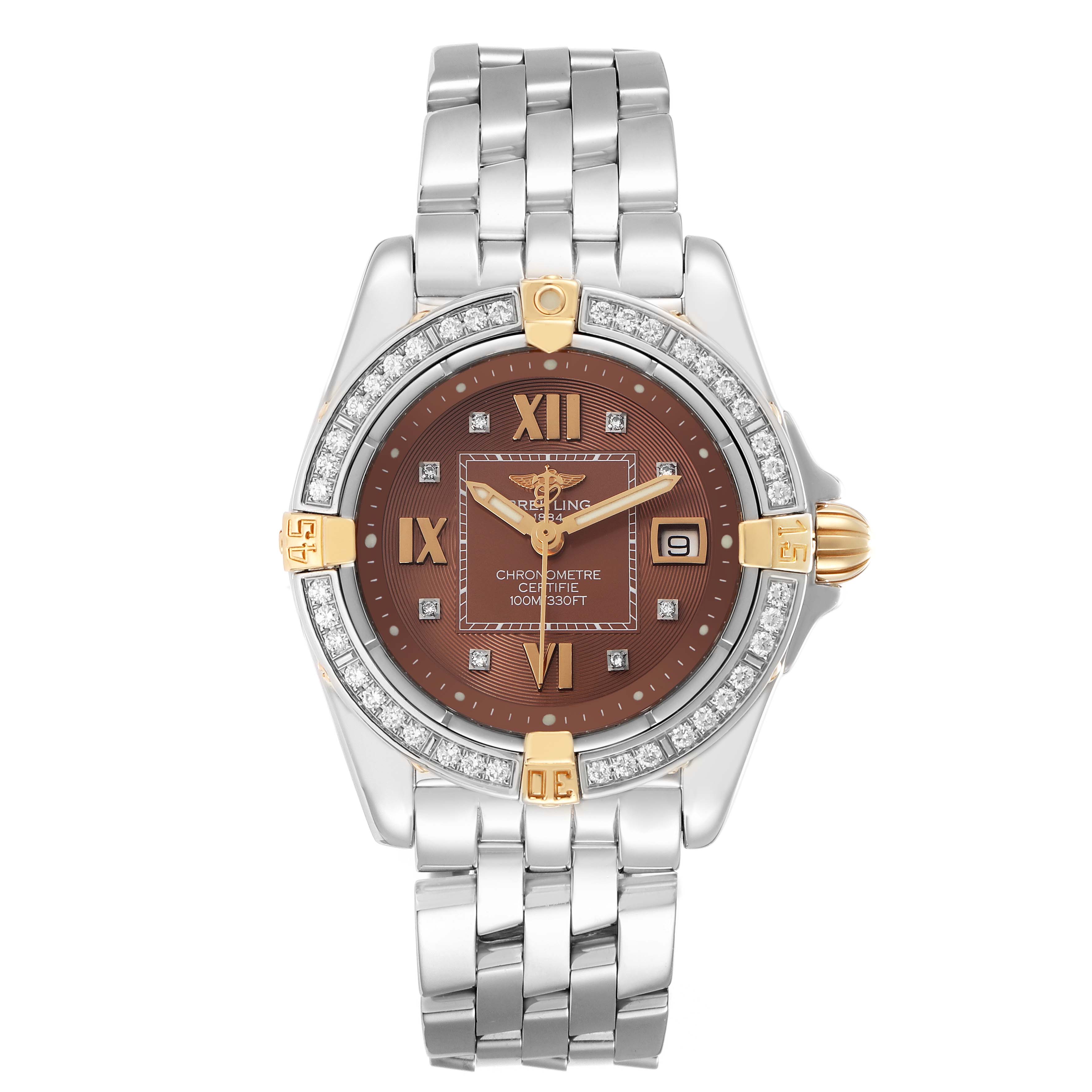 The Breitling B71356 Women
s Steel and Gold (two tone) Orange Dial Cockpit B71356 watch is shown from the front, highlighting its diamond bezel, brown dial, and metal bracelet.
