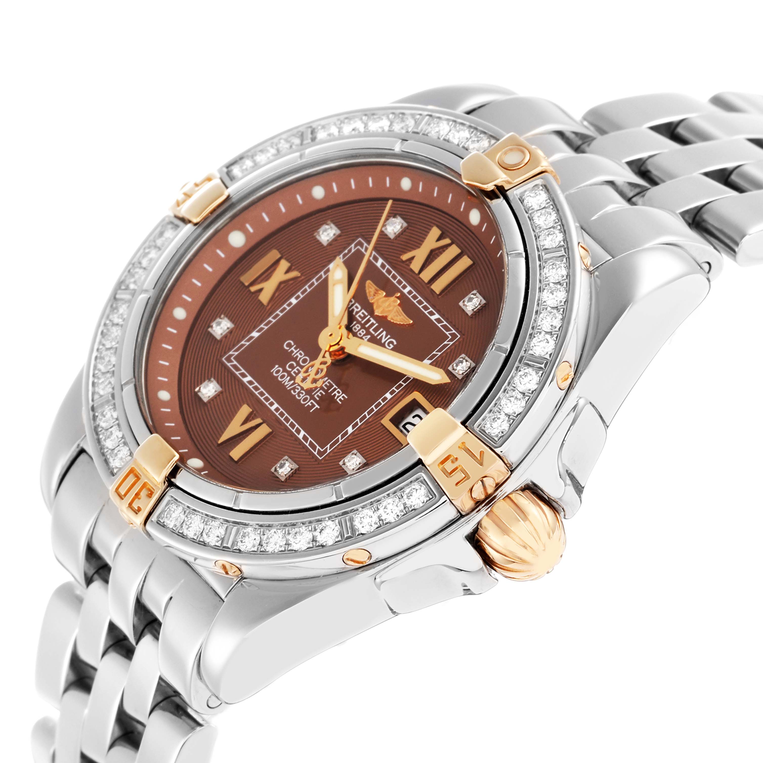 The Breitling B71356 Women
s Steel and Gold (two tone) Orange Dial Cockpit B71356 is shown at a side angle, highlighting the diamond bezel, dial, crown, and part of the bracelet.