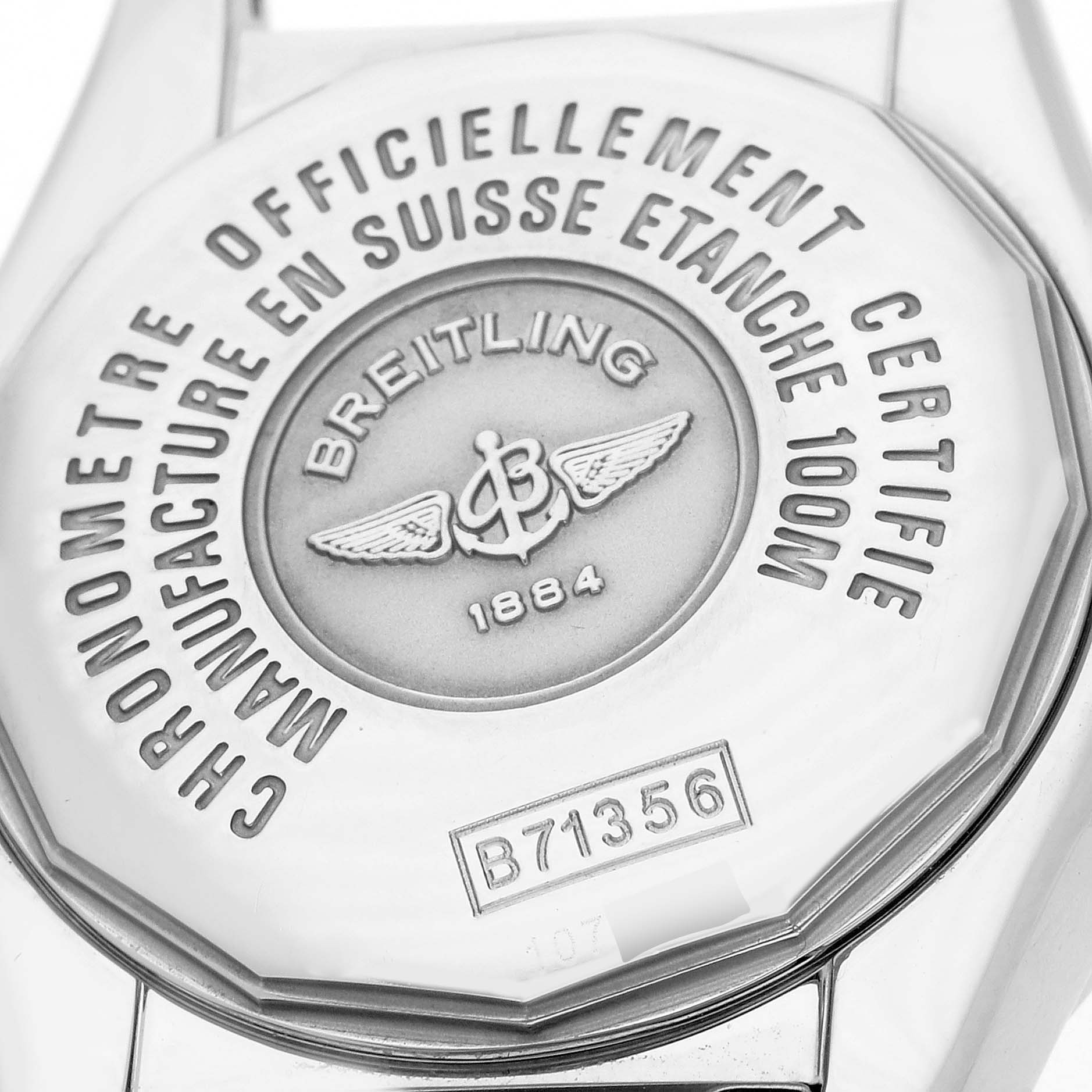 The image shows the back of the Breitling B71356 Women
s Steel and Gold (two tone) Orange Dial Cockpit Steel Bronze Diamond Bezel Dial Ladies Watch B71356 with engraved details.