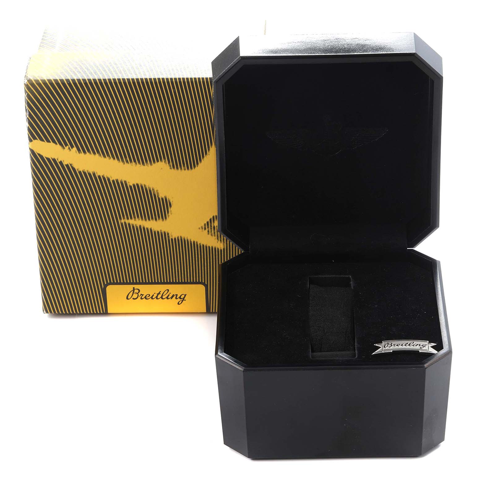 The image shows the open box and packaging for the Breitling B71356 Women
s Steel and Gold (two tone) Orange Dial Cockpit Steel Bronze Diamond Bezel Dial Ladies Watch B71356.