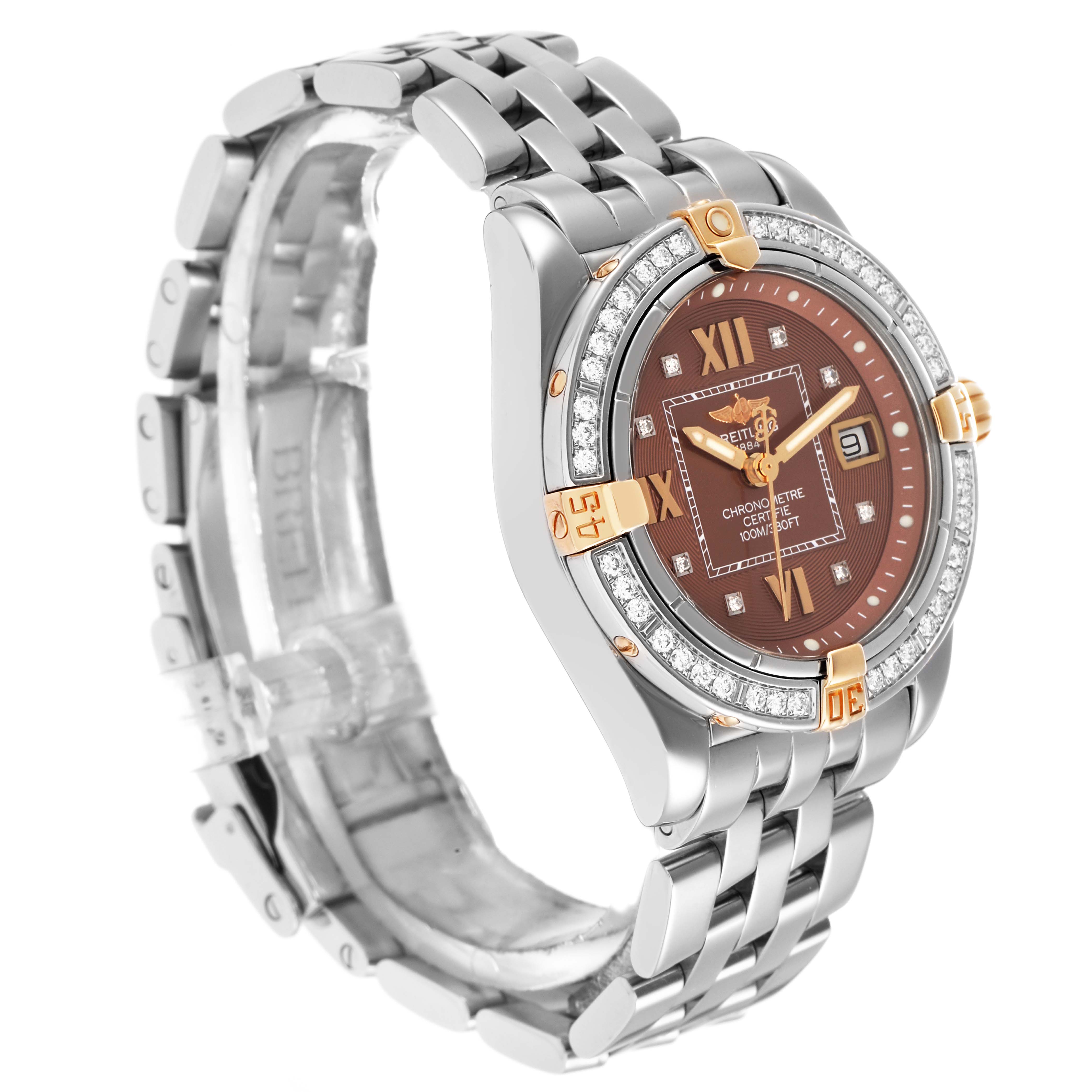 The Breitling B71356 Women
s Steel and Gold (two tone) Orange Dial Cockpit B71356 watch is shown at a three-quarter angle, highlighting the diamond bezel and link bracelet.