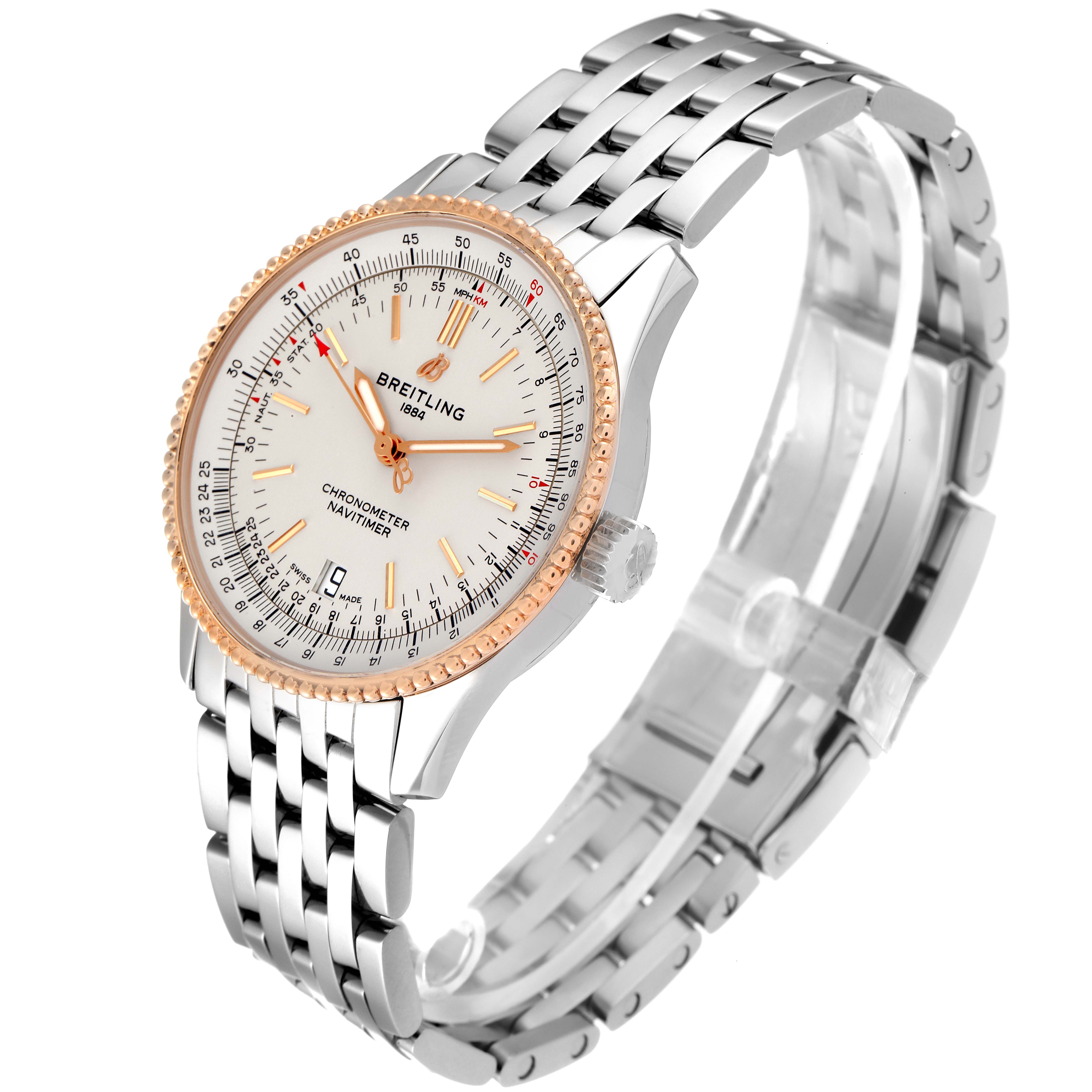 The Breitling Navitimer U17325211G1A1 Men's Stainless Steel Silver Dial U17325211G1A1 Men's Stainless Steel Silver Dial watch is shown at an angle highlighting its face, bezel, crown, and metal bracelet.