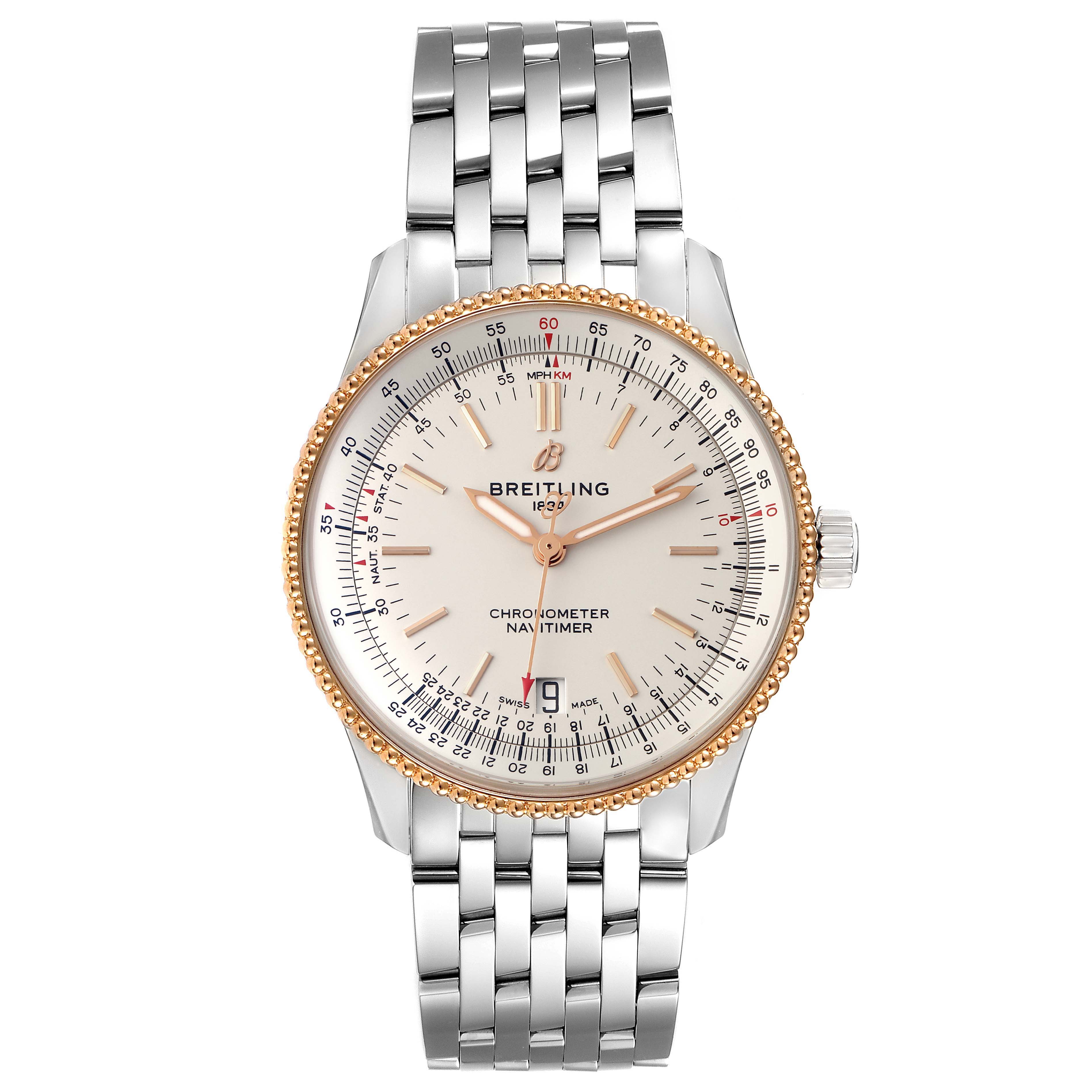 This image shows a Breitling Navitimer U17325211G1A1 Men's Stainless Steel Silver Dial U17325211G1A1 Men's Stainless Steel Silver Dial watch from a front angle, highlighting its dial, hands, bezel, and bracelet.