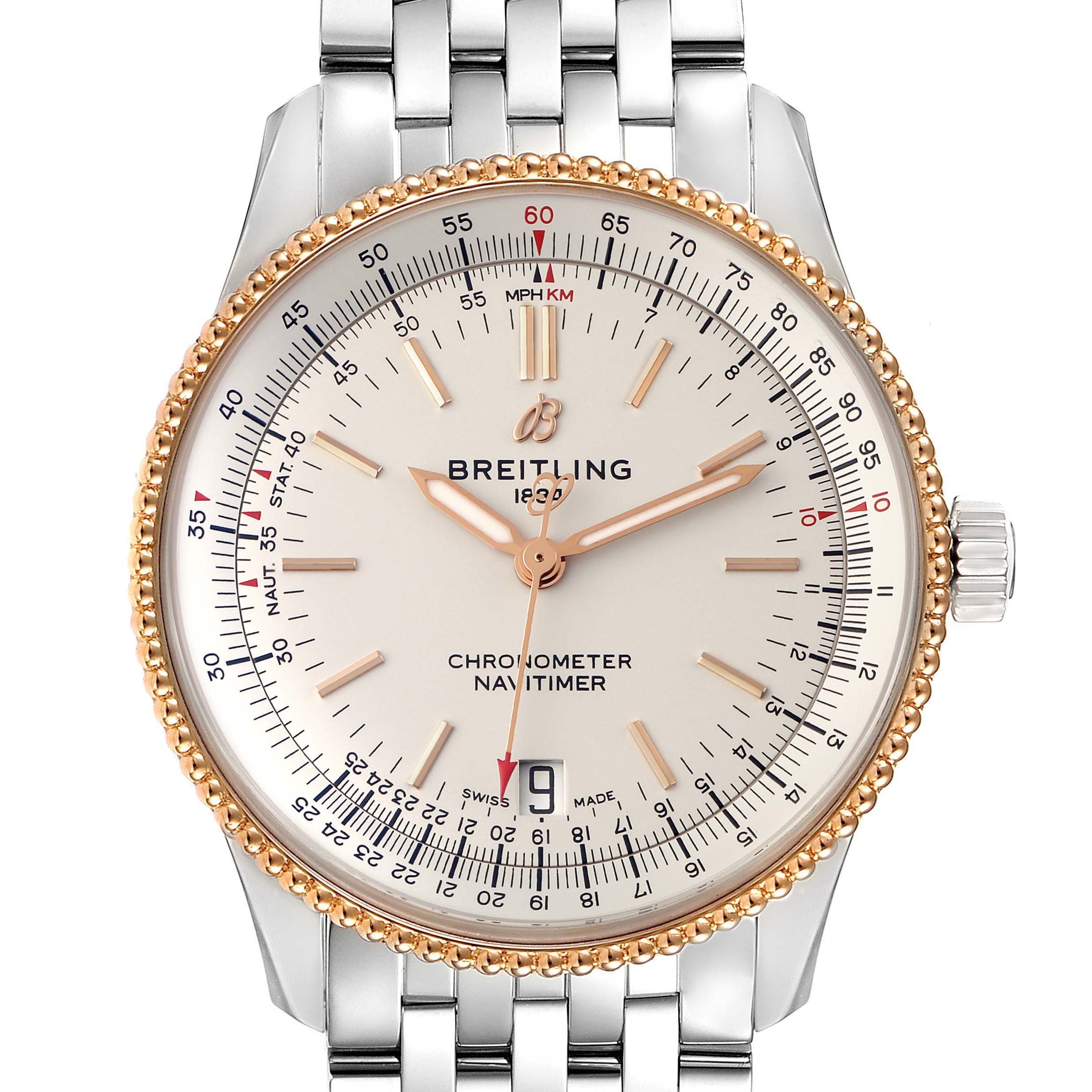 A Breitling Navitimer U17325211G1A1 Men's Stainless Steel Silver Dial U17325211G1A1 Men's Stainless Steel Silver Dial watch shown from a front angle, highlighting its dial, bezel, hands, and metal bracelet.