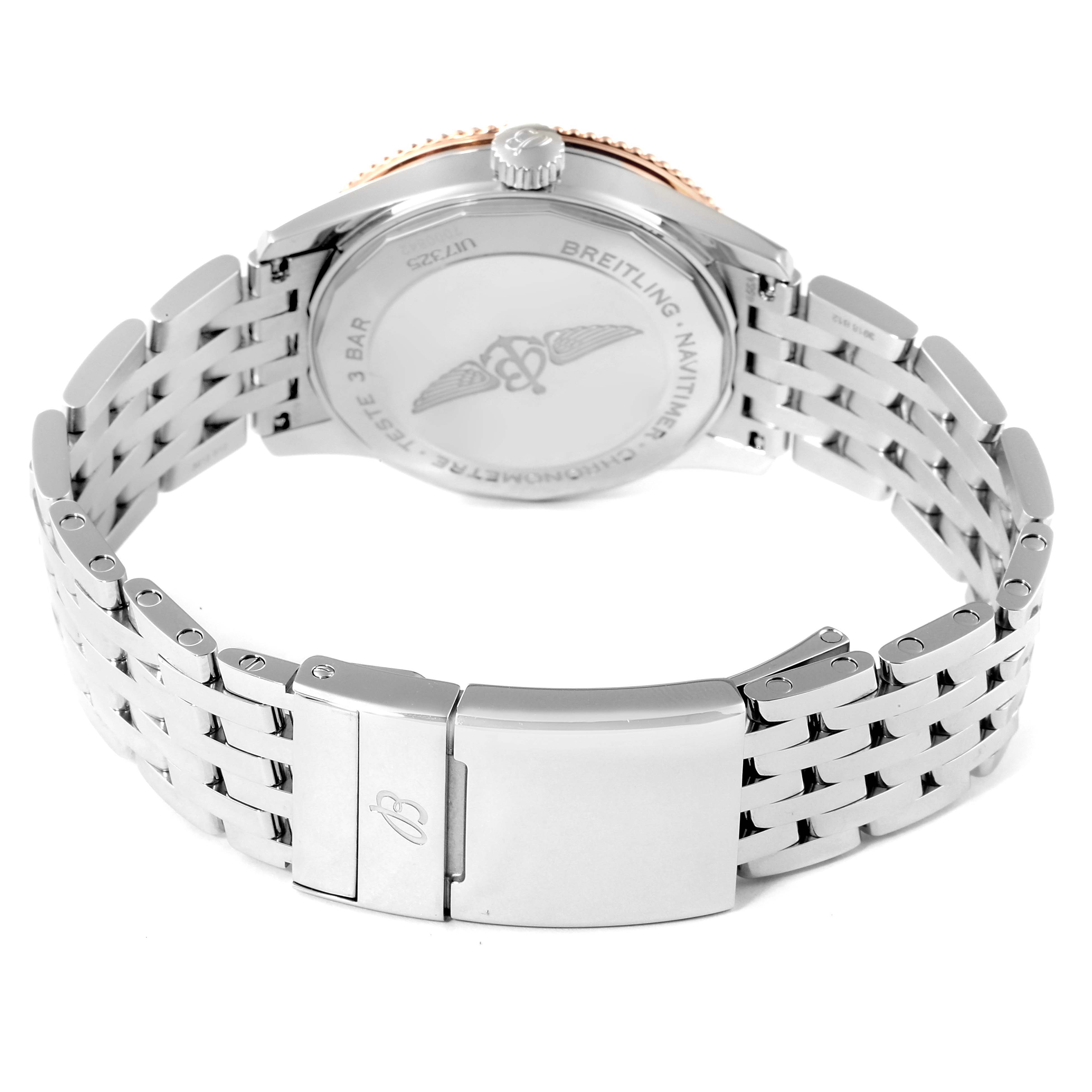 The image shows the back case and stainless steel bracelet of a Breitling Navitimer U17325211G1A1 Men's Stainless Steel Silver Dial U17325211G1A1 Men's Stainless Steel Silver Dial watch, viewed from the reverse angle.