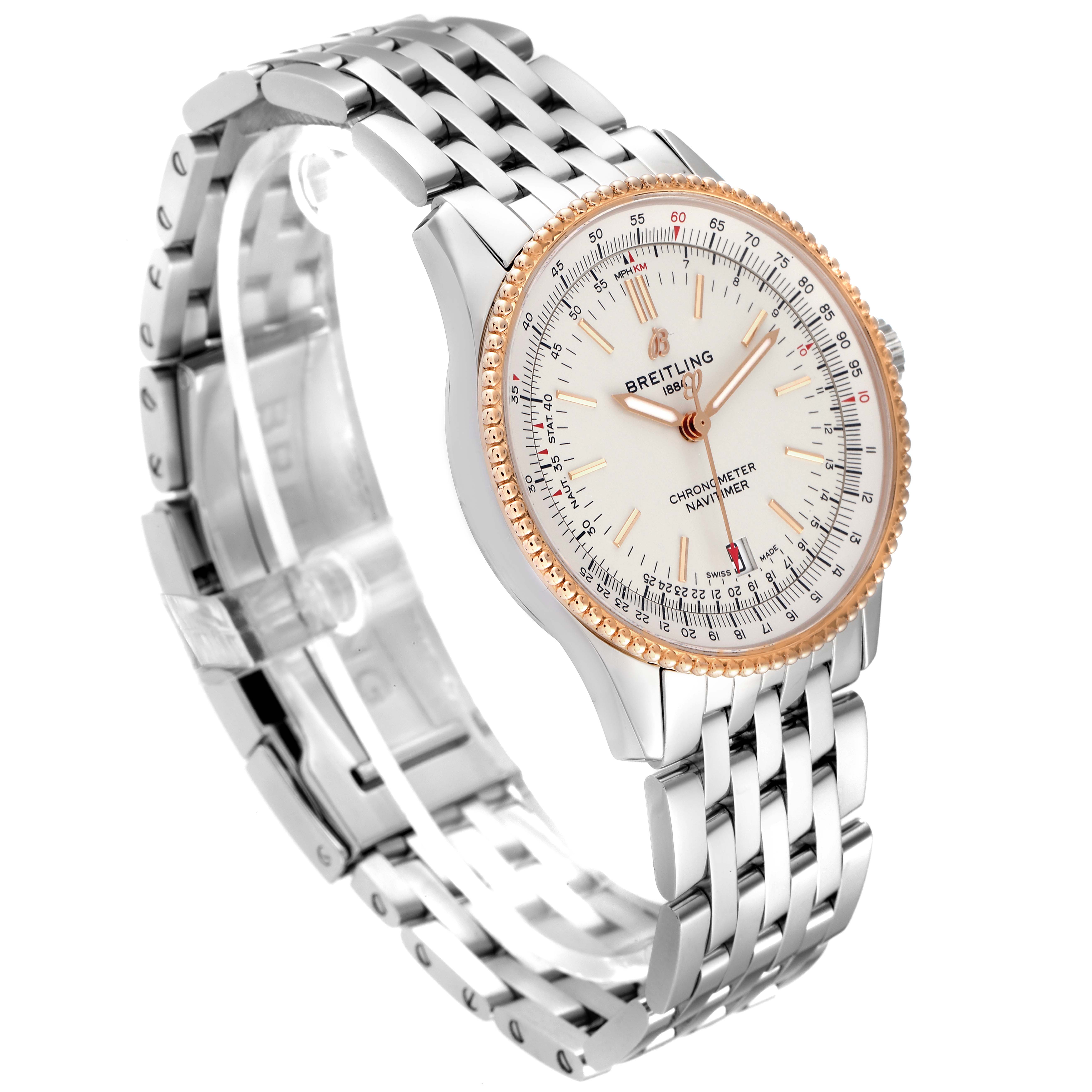The Breitling Navitimer U17325211G1A1 Men's Stainless Steel Silver Dial U17325211G1A1 Men's Stainless Steel Silver Dial watch is shown at a three-quarter angle, featuring the face, bezel, and bracelet.