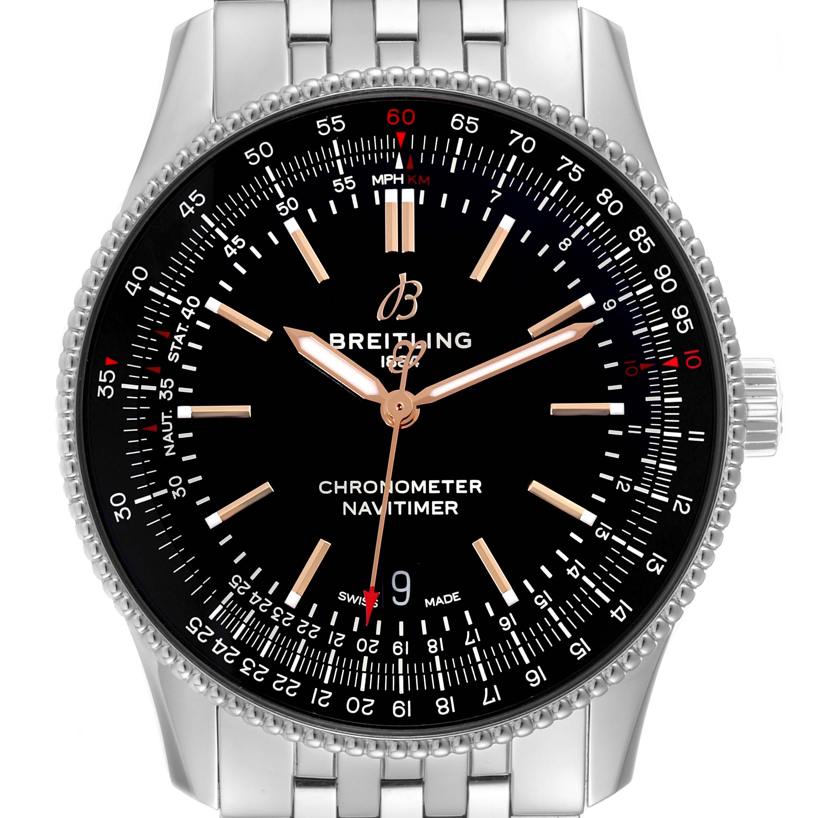 The image shows a front view of a Breitling Navitimer A17326 Men's Stainless Steel Black Dial A17326 Men's Stainless Steel Black Dial watch, highlighting its dial, bezel, and part of the metal bracelet.