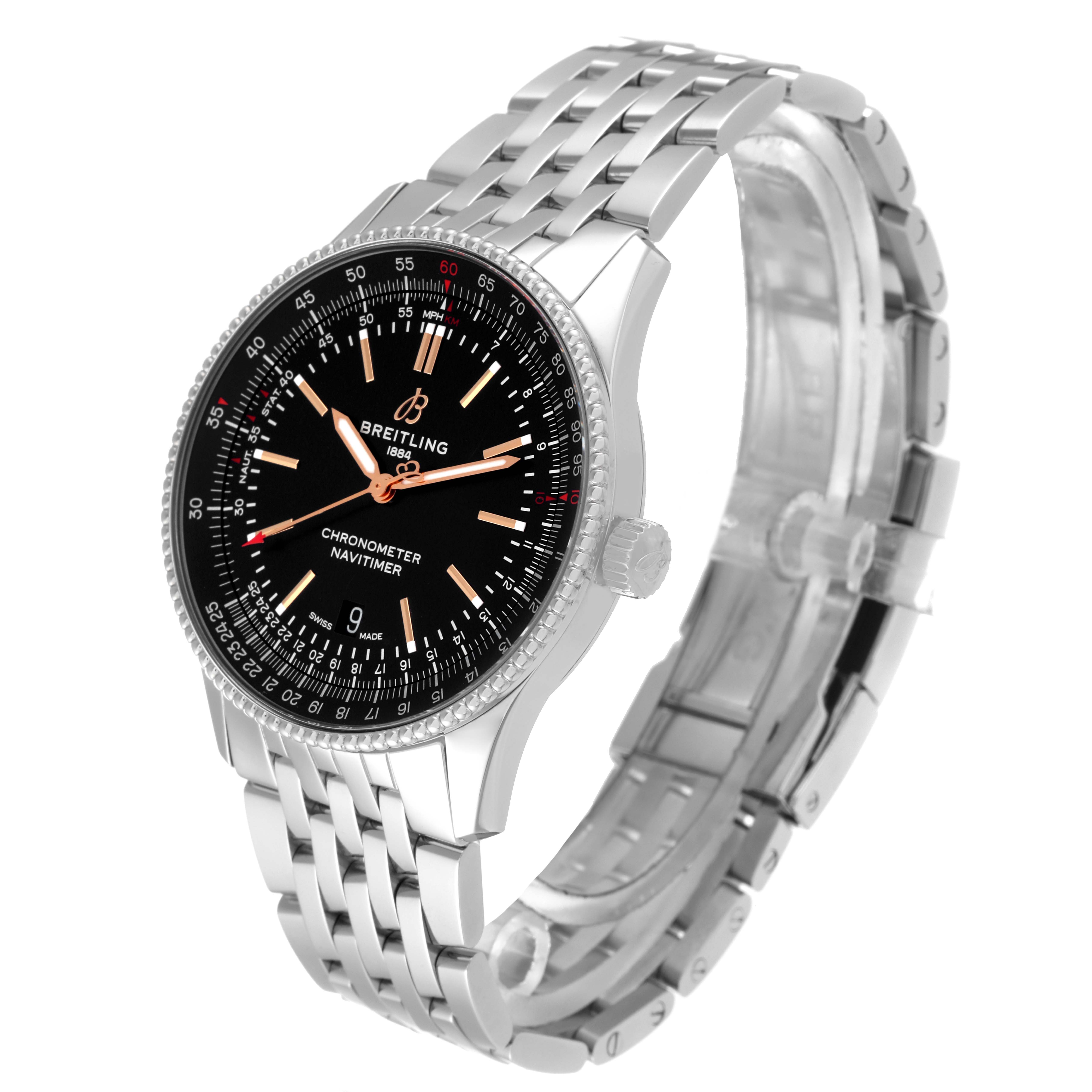 The Breitling Navitimer A17326 Men's Stainless Steel Black Dial A17326 Men's Stainless Steel Black Dial watch is shown at a three-quarter angle, featuring the face, bezel, crown, and bracelet.