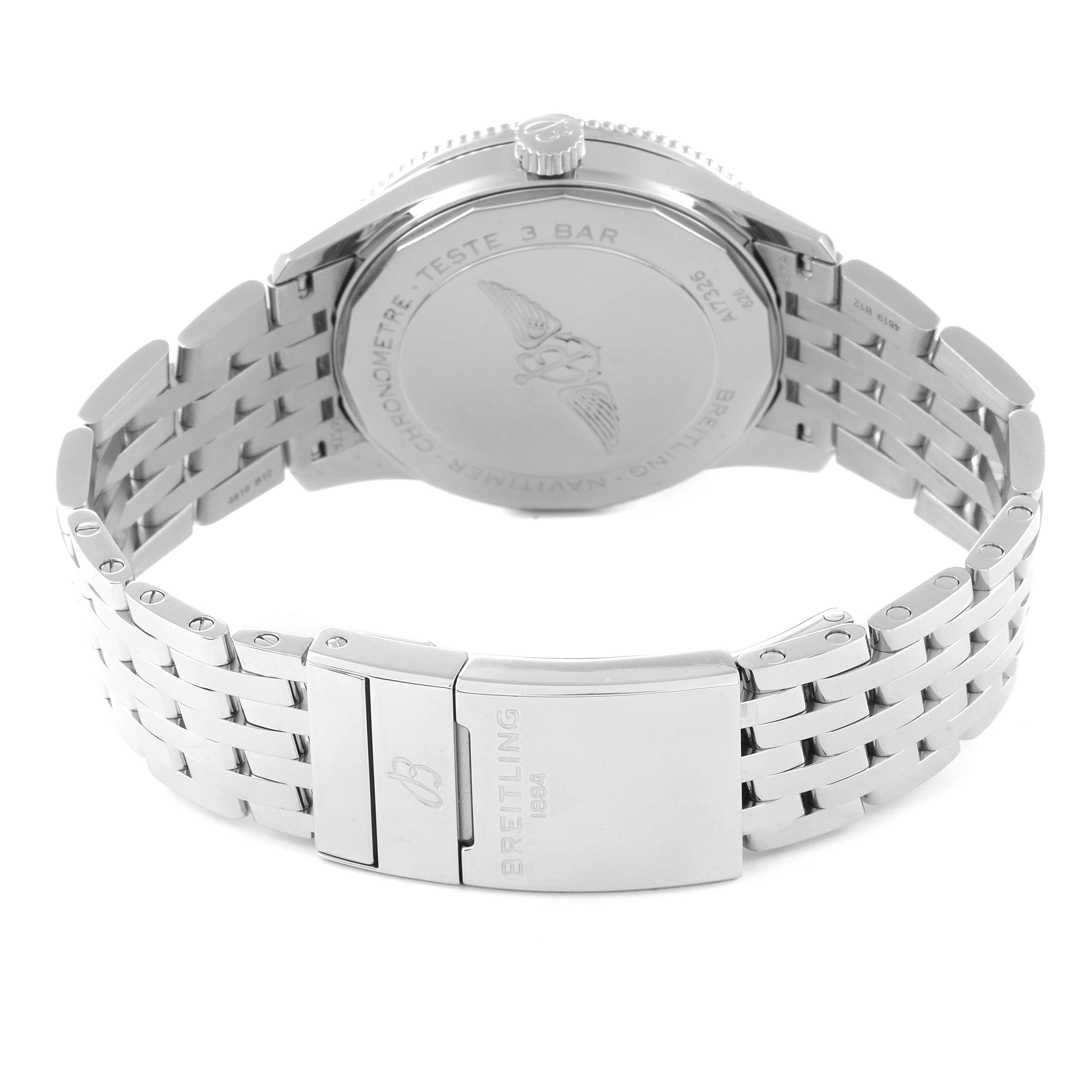 The image shows the back of the Breitling Navitimer A17326 Men's Stainless Steel Black Dial A17326 Men's Stainless Steel Black Dial watch, focusing on the caseback and bracelet clasp.