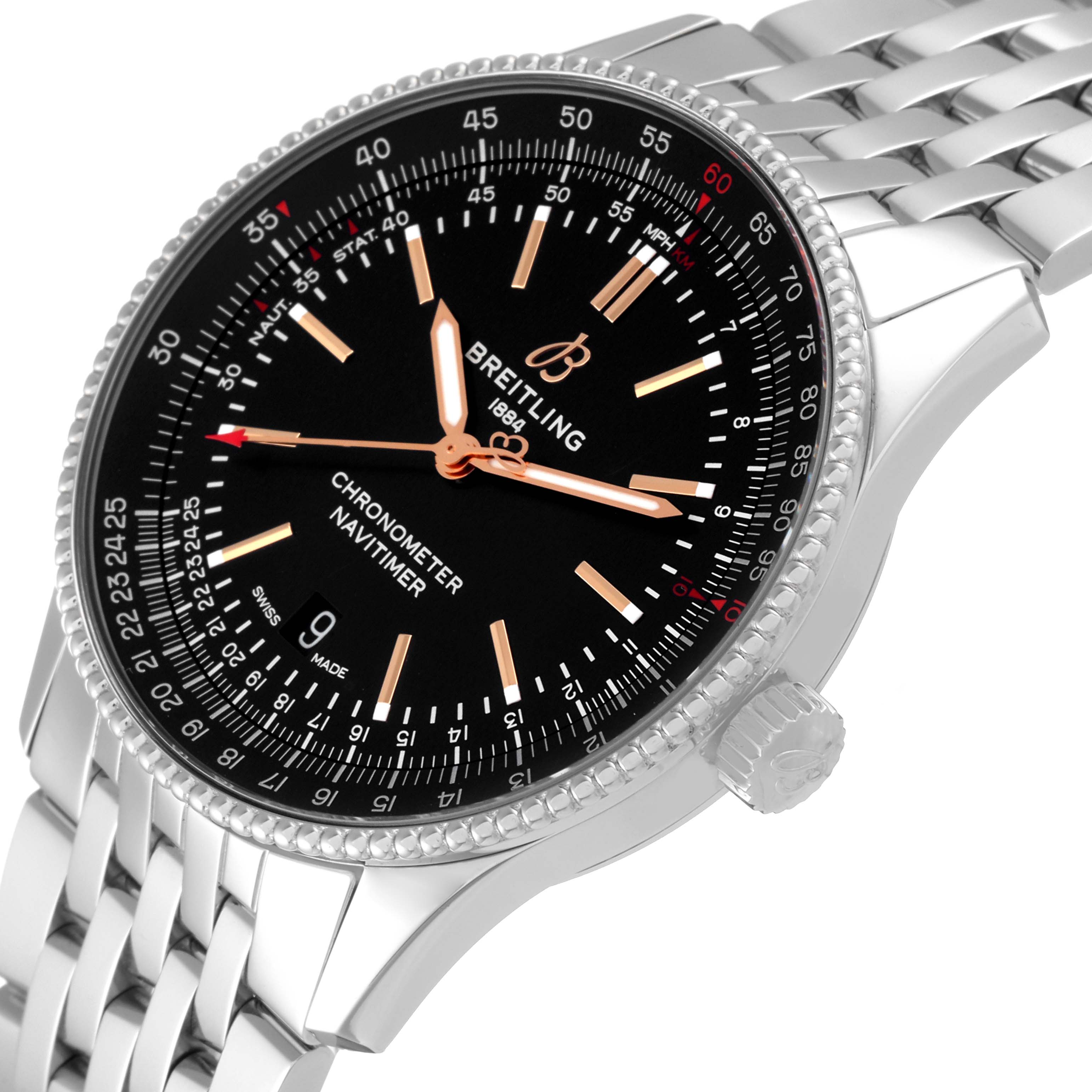 The image shows a Breitling Navitimer A17326 Men's Stainless Steel Black Dial A17326 Men's Stainless Steel Black Dial watch from an angled side view, highlighting the dial, bezel, and metal bracelet.
