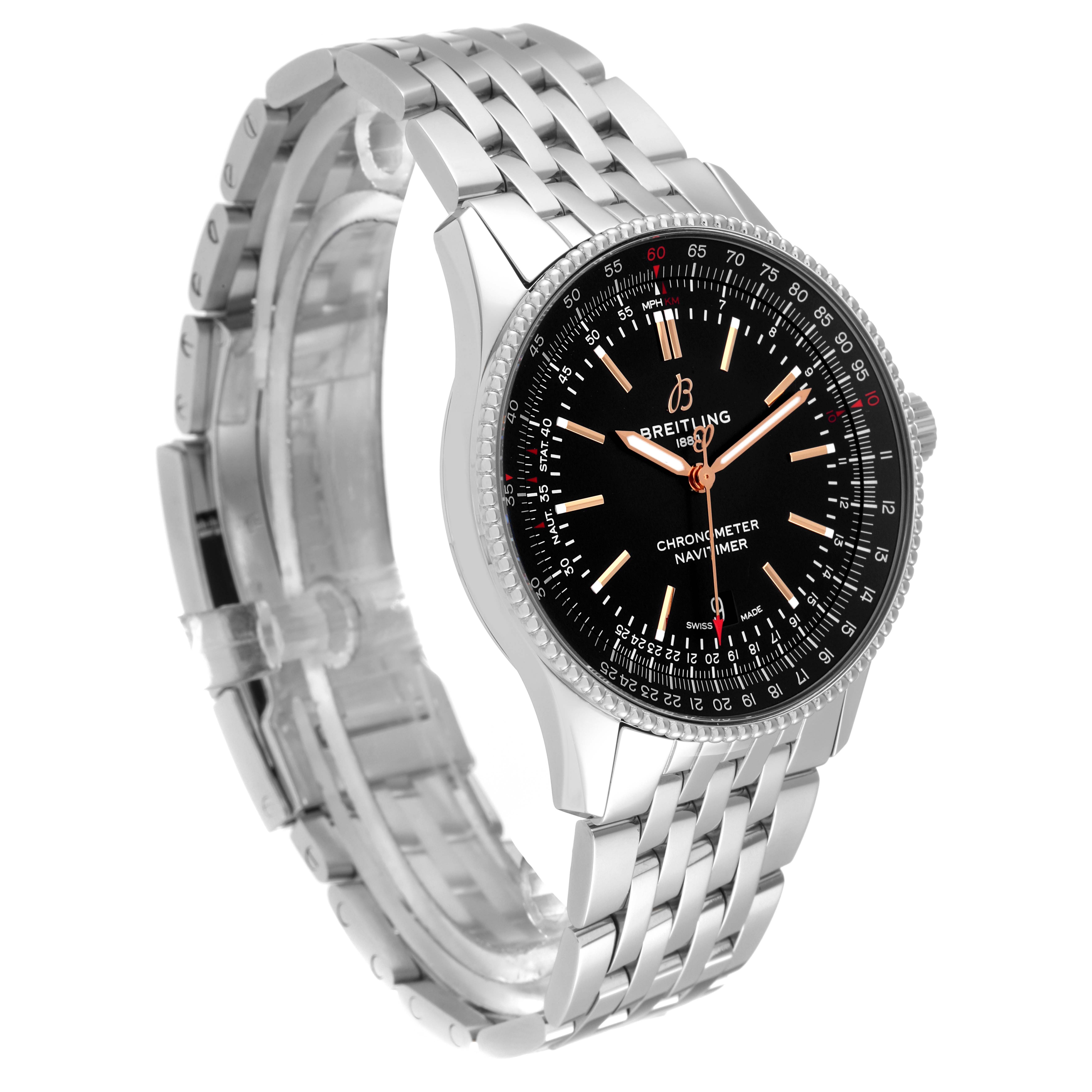 The image shows a side angle view of a Breitling Navitimer A17326 Men's Stainless Steel Black Dial A17326 Men's Stainless Steel Black Dial watch, highlighting its face, bezel, and metal bracelet.