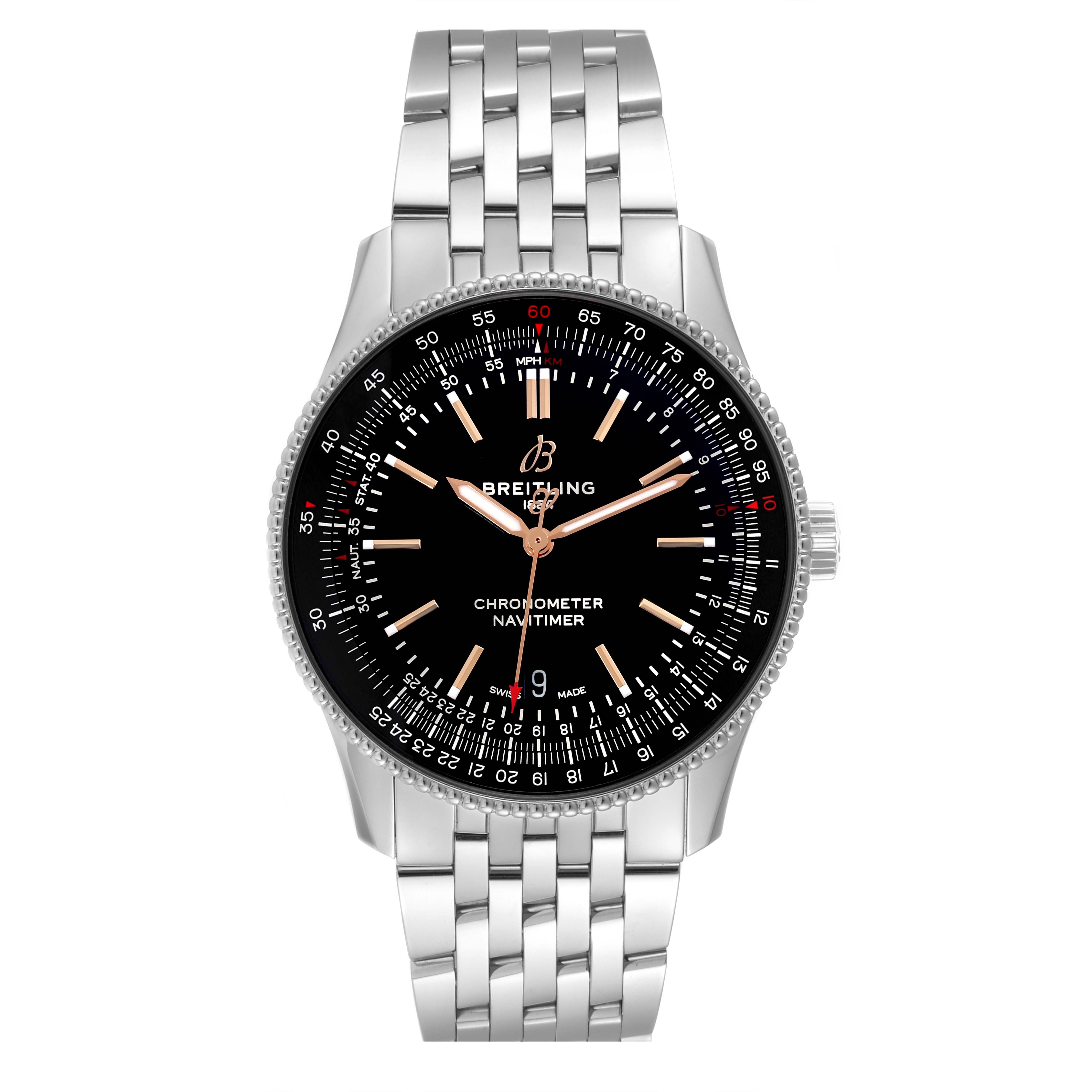 This image shows a frontal view of the Breitling Navitimer A17326 Men's Stainless Steel Black Dial A17326 Men's Stainless Steel Black Dial watch, highlighting its black dial and silver metal bracelet.