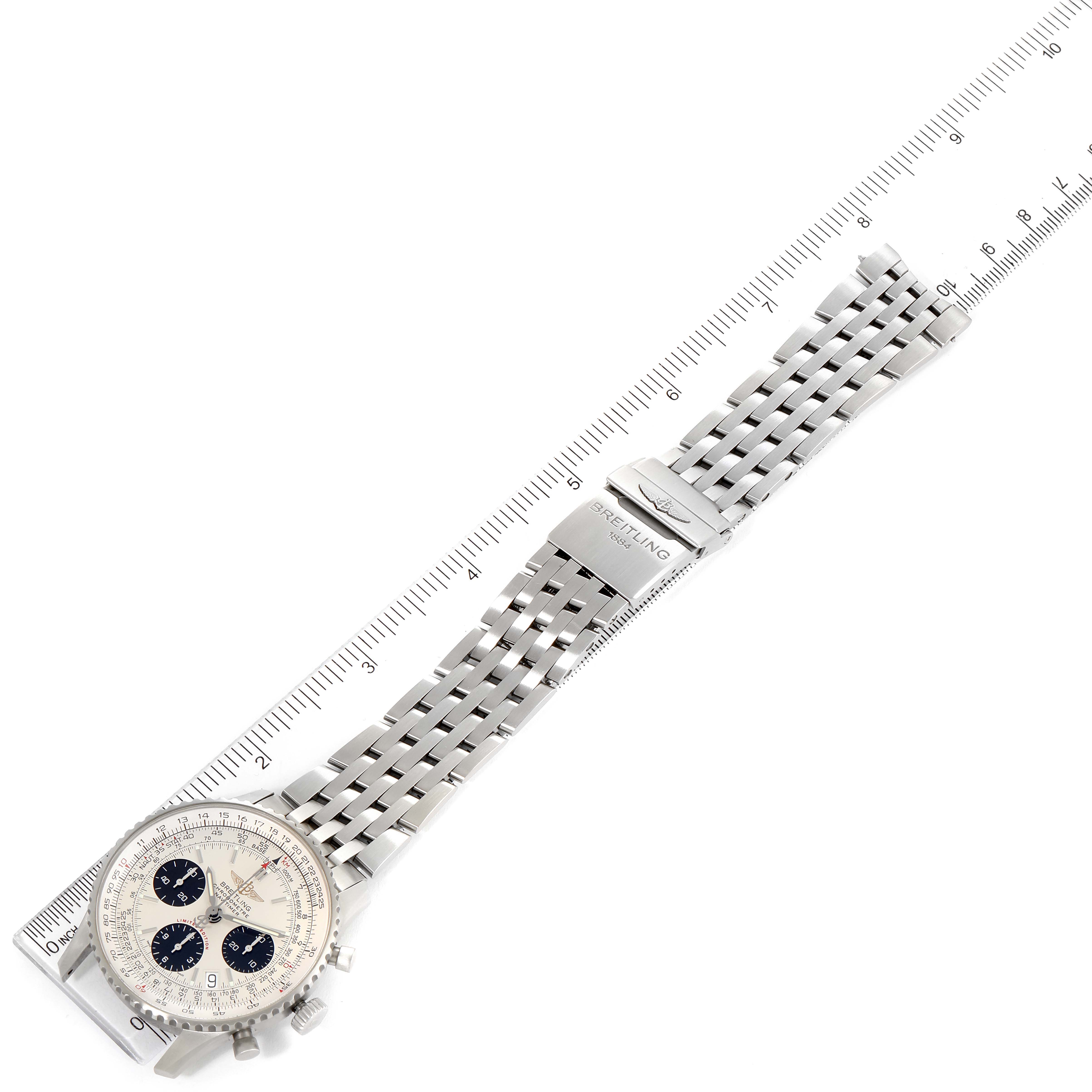 This image shows the Breitling Navitimer A23322 Men's Stainless Steel Silver Dial A23322 Men's Stainless Steel Silver Dial watch from a top-down angle, displaying its face, bracelet, and clasp.