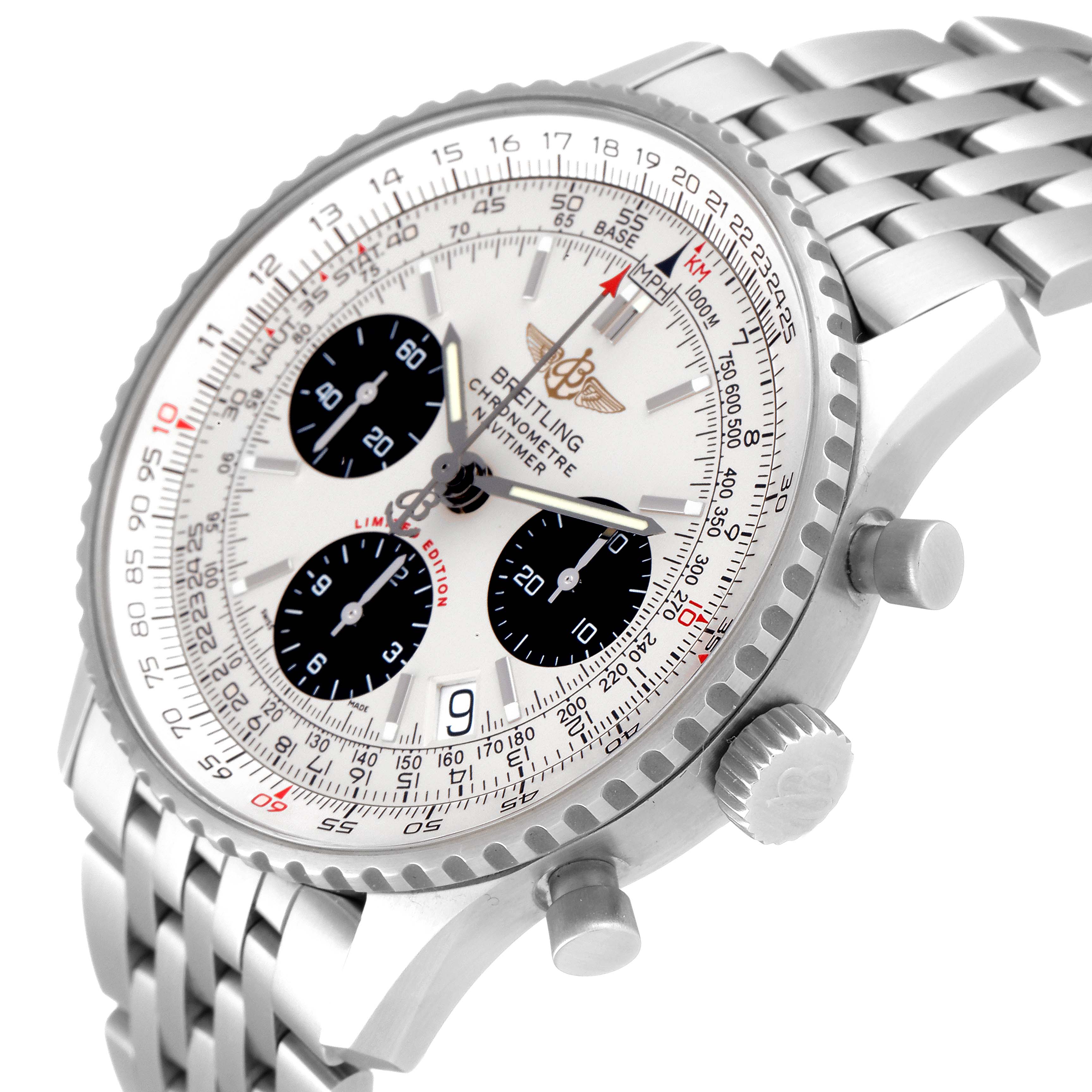 The image shows a Breitling Navitimer A23322 Men's Stainless Steel Silver Dial A23322 Men's Stainless Steel Silver Dial watch from a front-side angle, highlighting its dial, bezel, pushers, crown, and metal bracelet.