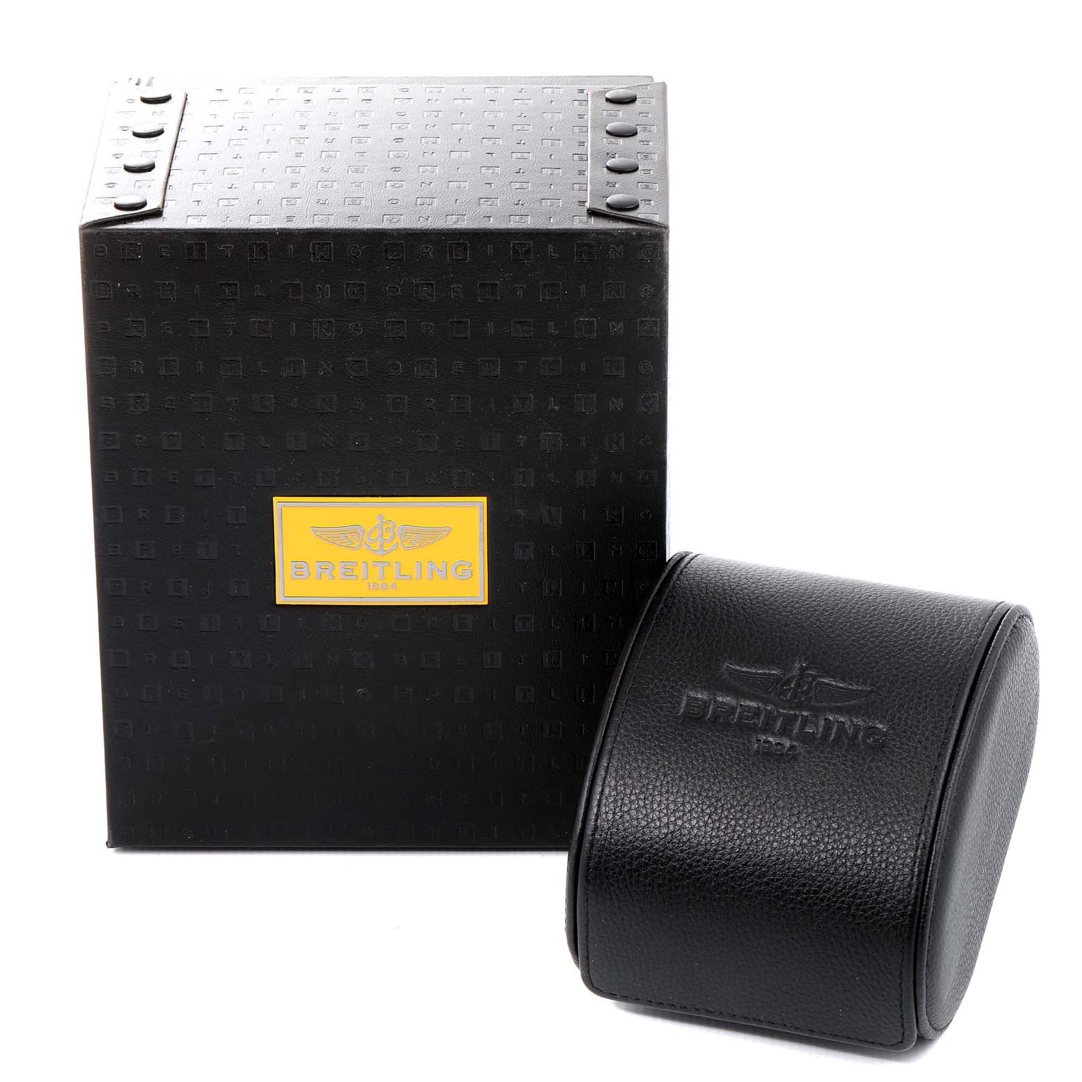 The image shows the box and protective case for a Breitling Navitimer A23322 Men's Stainless Steel Silver Dial A23322 Men's Stainless Steel Silver Dial watch.