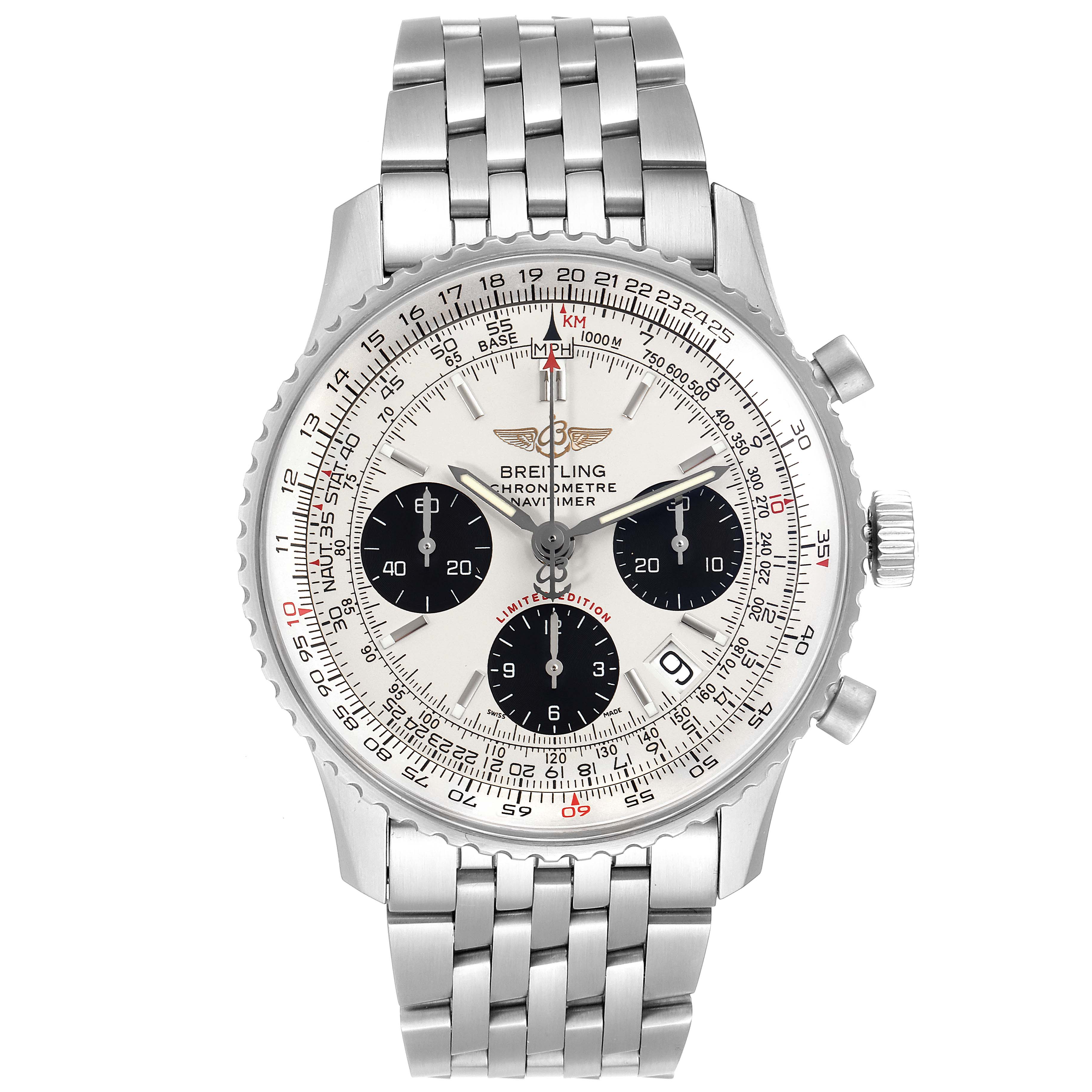 The image shows a front view of a Breitling Navitimer A23322 Men's Stainless Steel Silver Dial A23322 Men's Stainless Steel Silver Dial watch, displaying its dial, bezel, and metal bracelet.