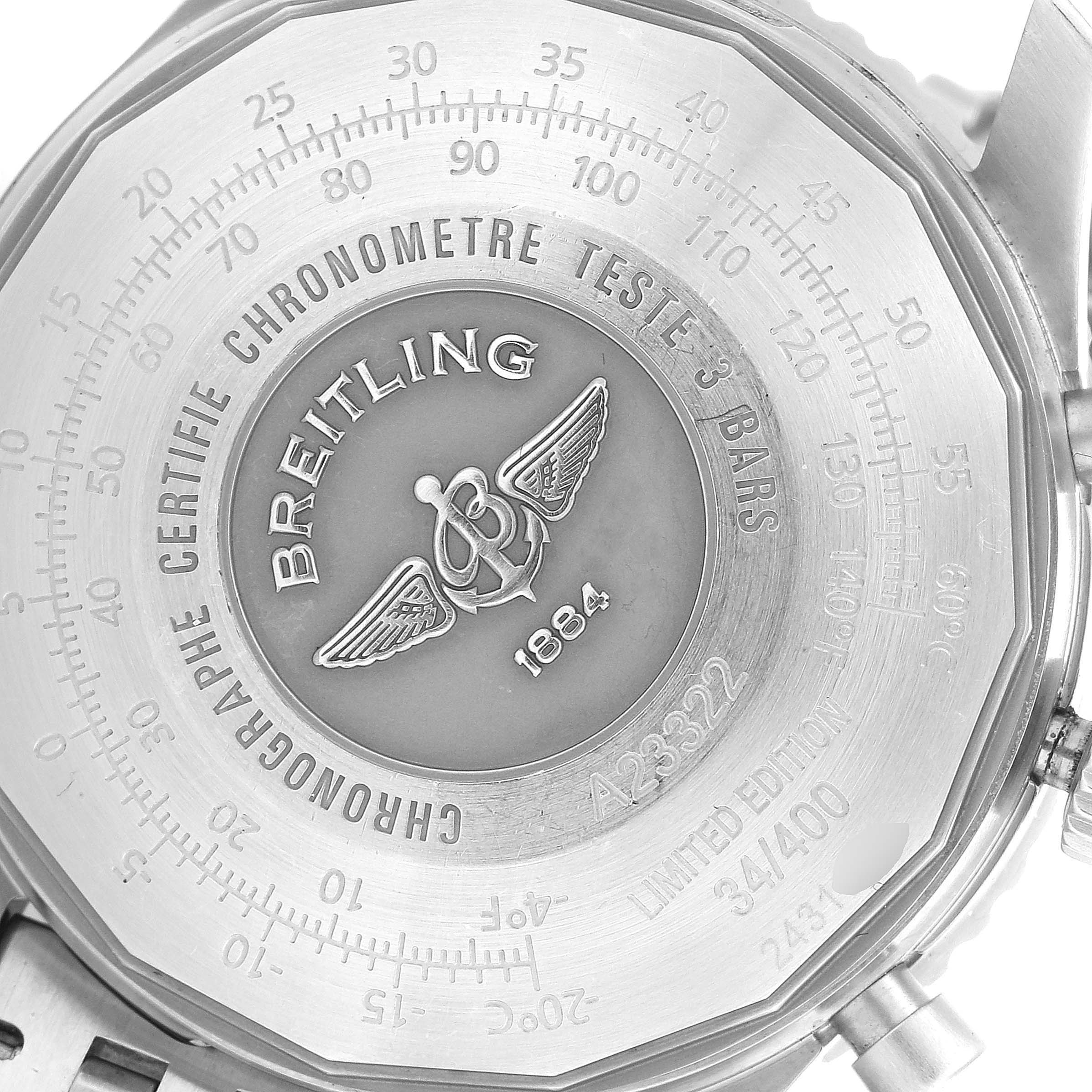 The image shows the back case of the Breitling Navitimer A23322 Men's Stainless Steel Silver Dial A23322 Men's Stainless Steel Silver Dial watch featuring engravings and the brand logo.