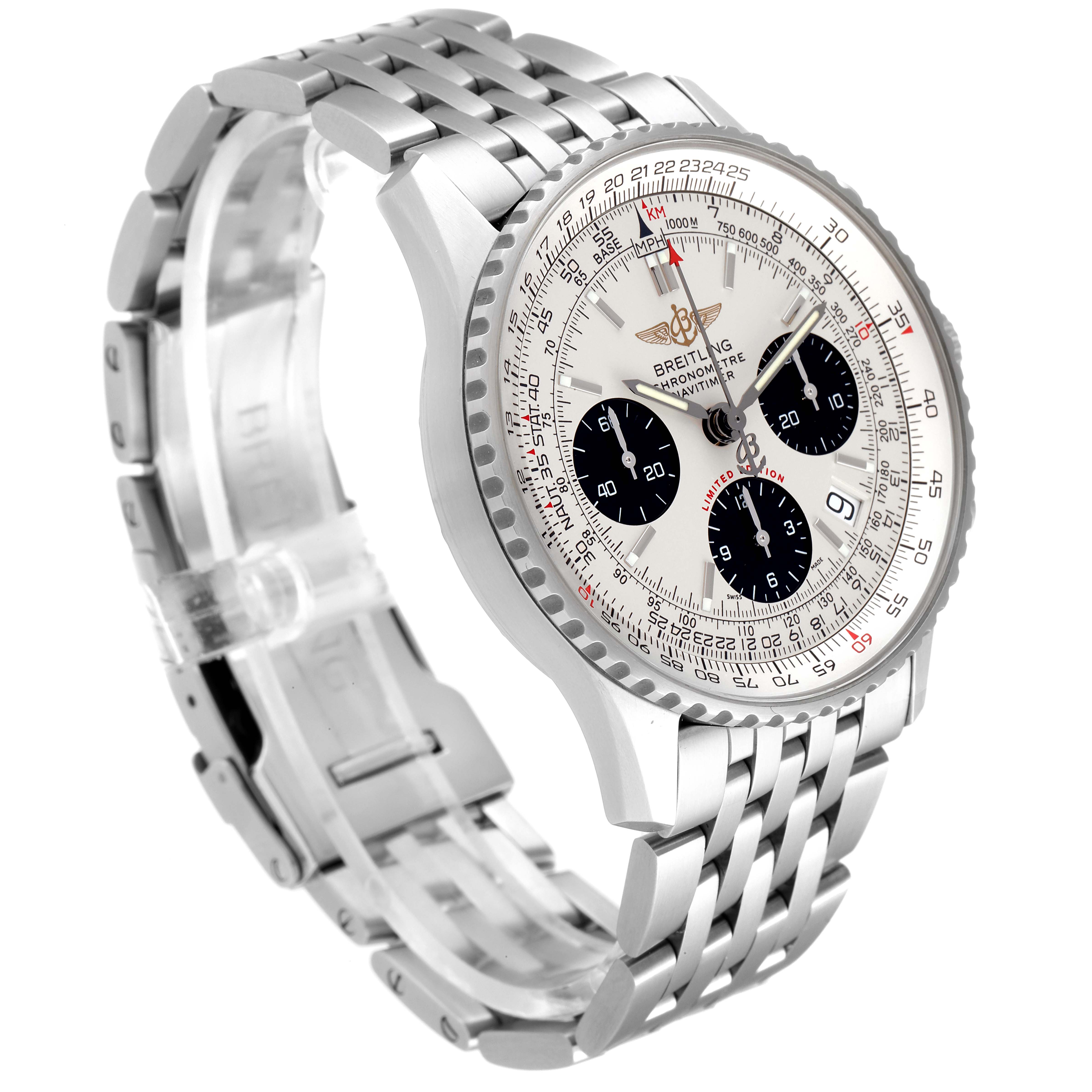 The image shows a side and front angle of a Breitling Navitimer A23322 Men's Stainless Steel Silver Dial A23322 Men's Stainless Steel Silver Dial watch, highlighting its stainless steel case and bracelet.