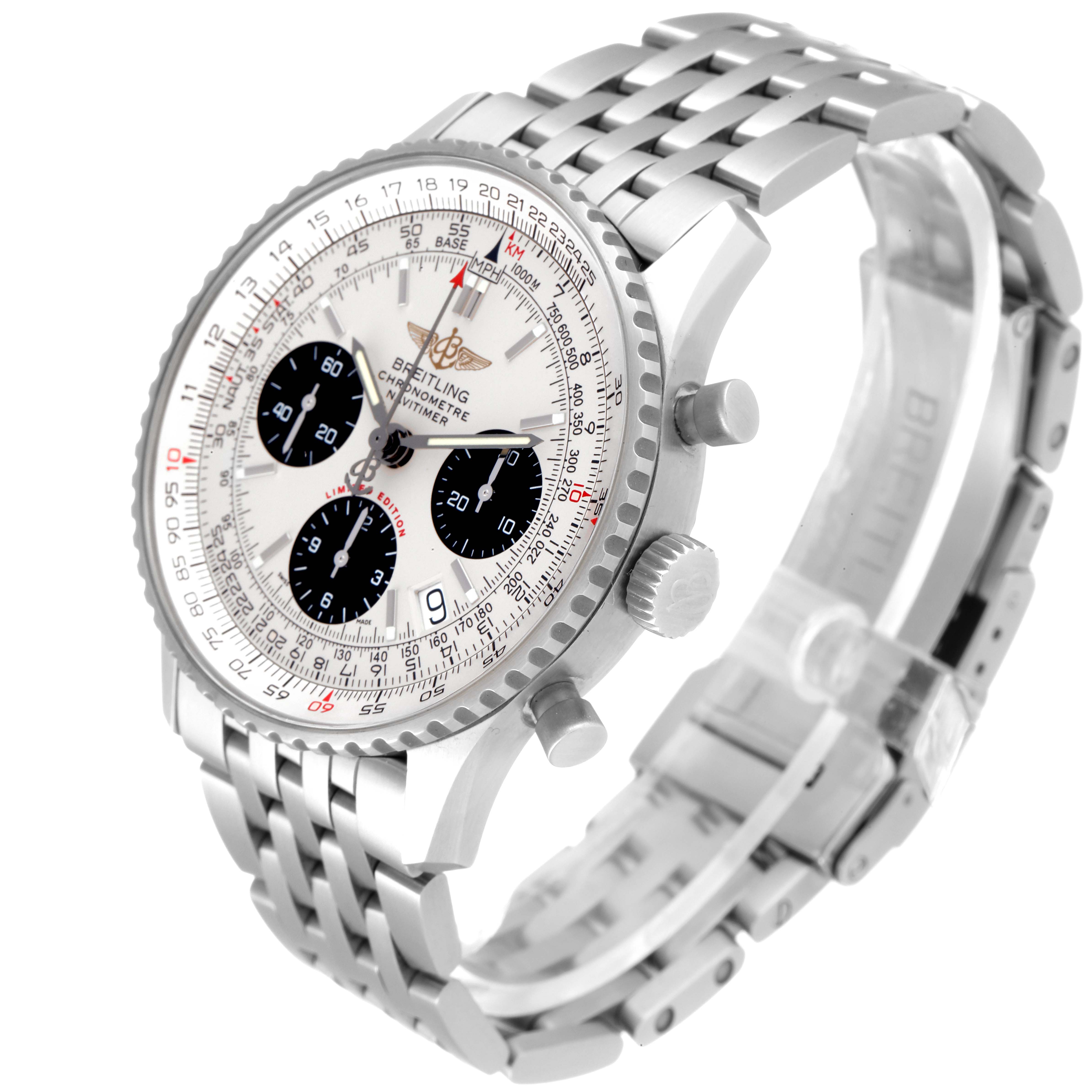 This image shows a Breitling Navitimer A23322 Men's Stainless Steel Silver Dial A23322 Men's Stainless Steel Silver Dial watch at an angled side view, displaying the face, bezel, pushers, crown, and metal bracelet.