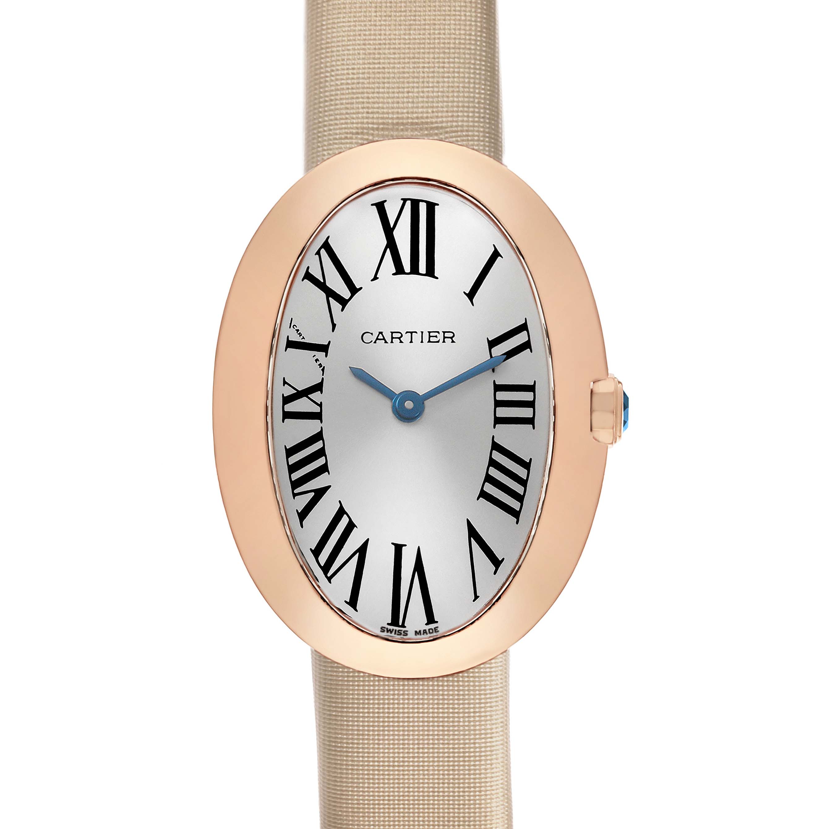 The Cartier Baignoire W8000007 Women's Yellow Gold Silver Dial watch is shown from a front angle, highlighting the oval dial and Roman numerals.