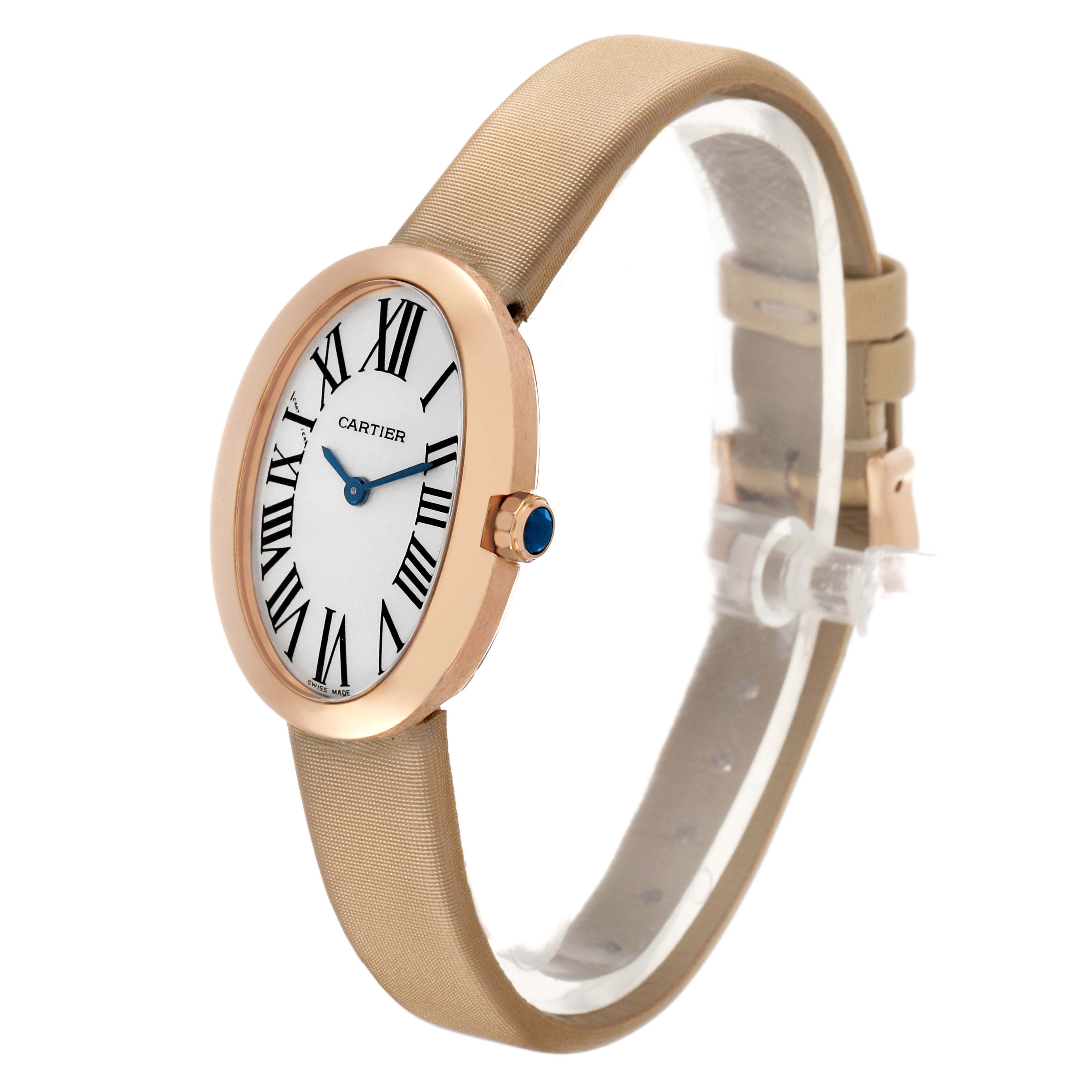 The Cartier Baignoire W8000007 Women's Yellow Gold Silver Dial watch is shown at a slight side angle, displaying its oval case, Roman numeral dial, and beige strap.