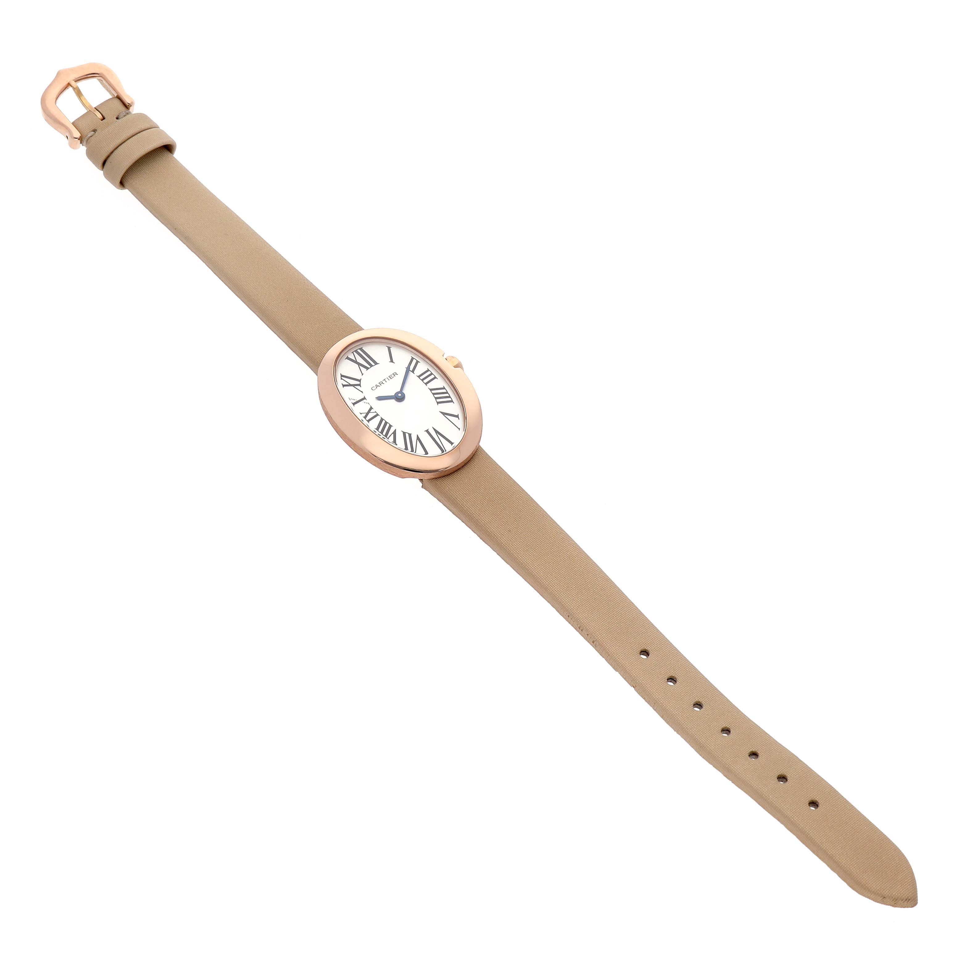 The Cartier Baignoire W8000007 Women's Yellow Gold Silver Dial watch is shown at a slight angle, displaying the face, case, and entire strap.