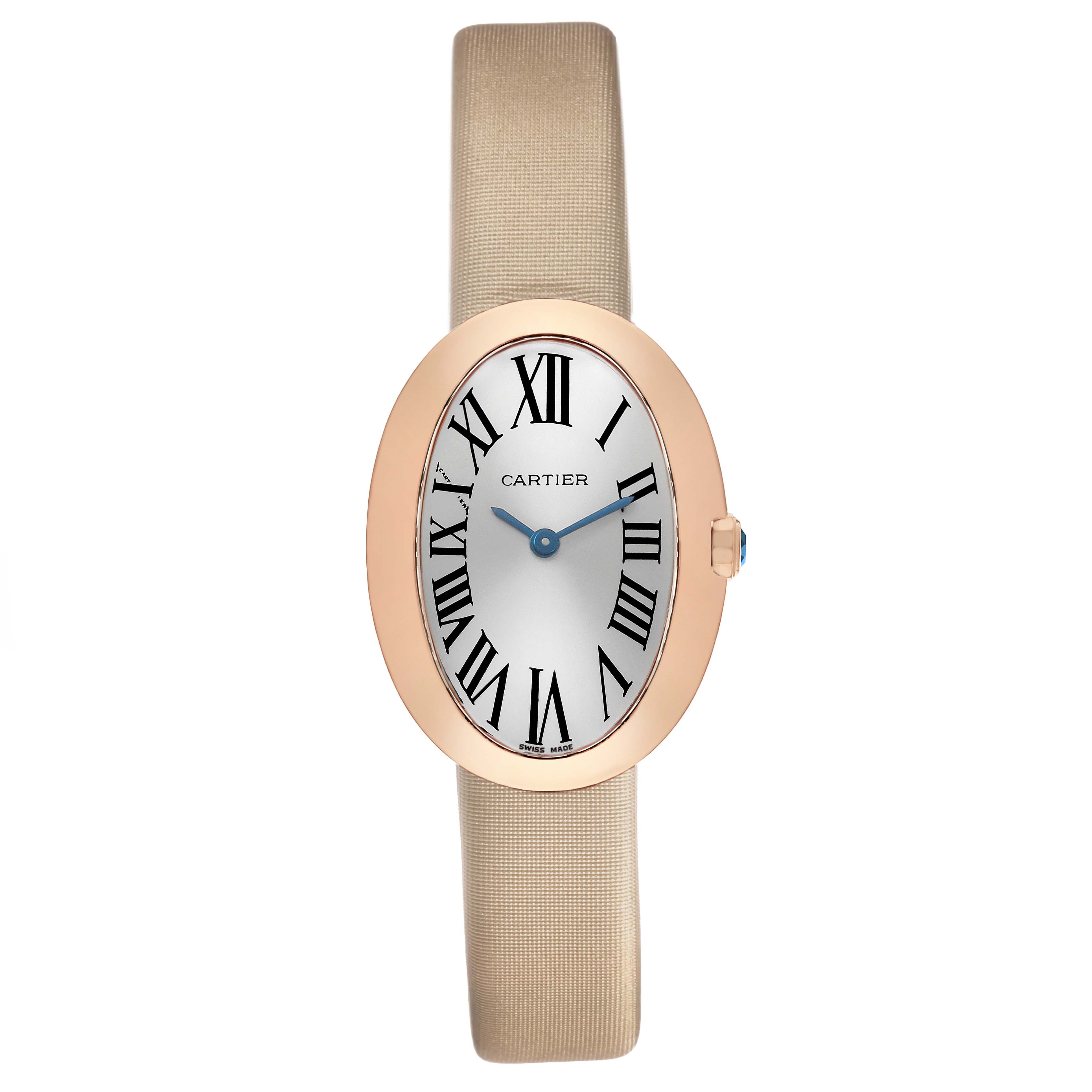 The Cartier Baignoire W8000007 Women's Yellow Gold Silver Dial watch is shown from a front angle, displaying the face, roman numeral dial, and gold oval bezel.