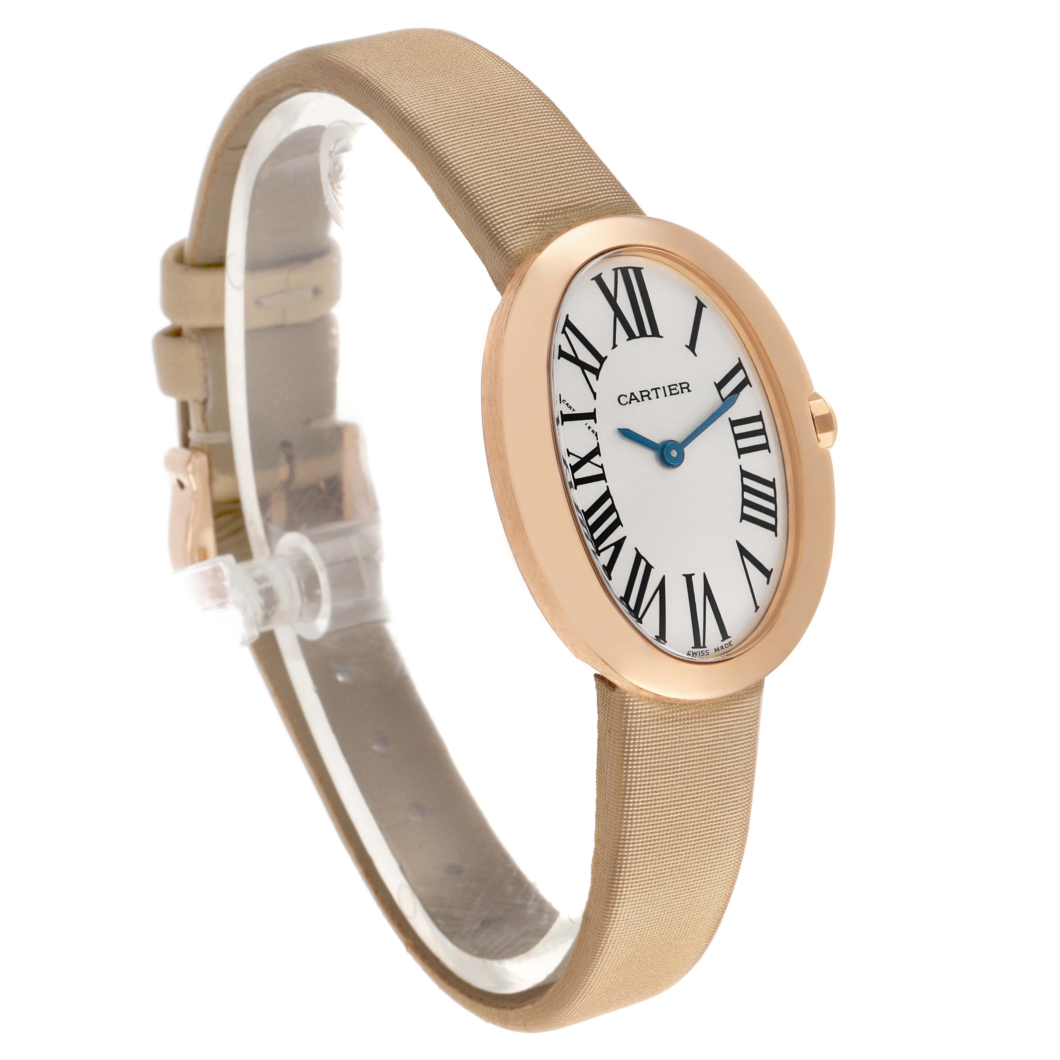The Cartier Baignoire W8000007 Women's Yellow Gold Silver Dial watch is shown at a three-quarter angle, highlighting the oval case, leather strap, and Roman numeral dial.