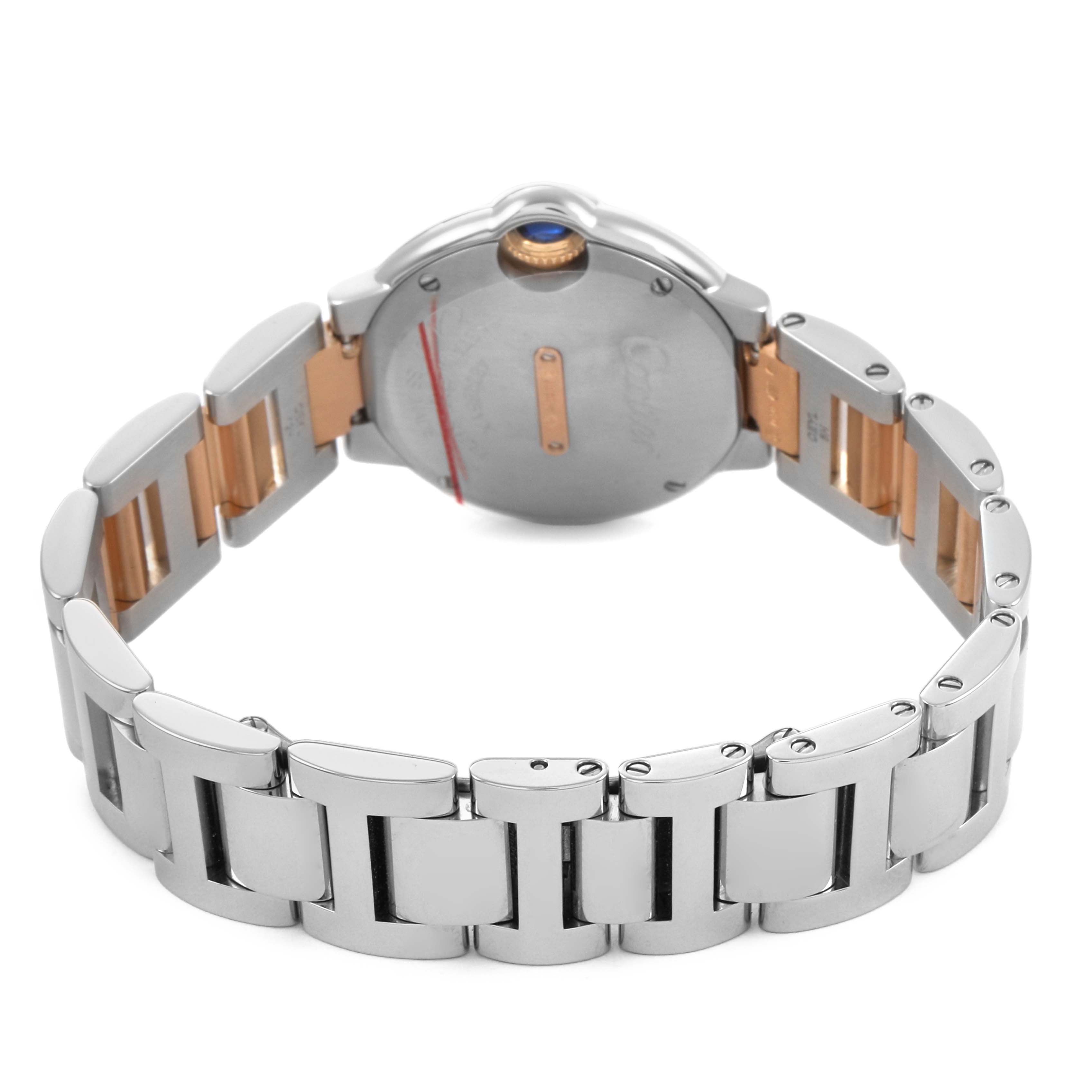 The image shows the back case and bracelet of a Cartier Ballon Bleu W3BB0005 Women's Steel and Gold (two tone) Silver Dial watch, highlighting the metal links and clasp area.