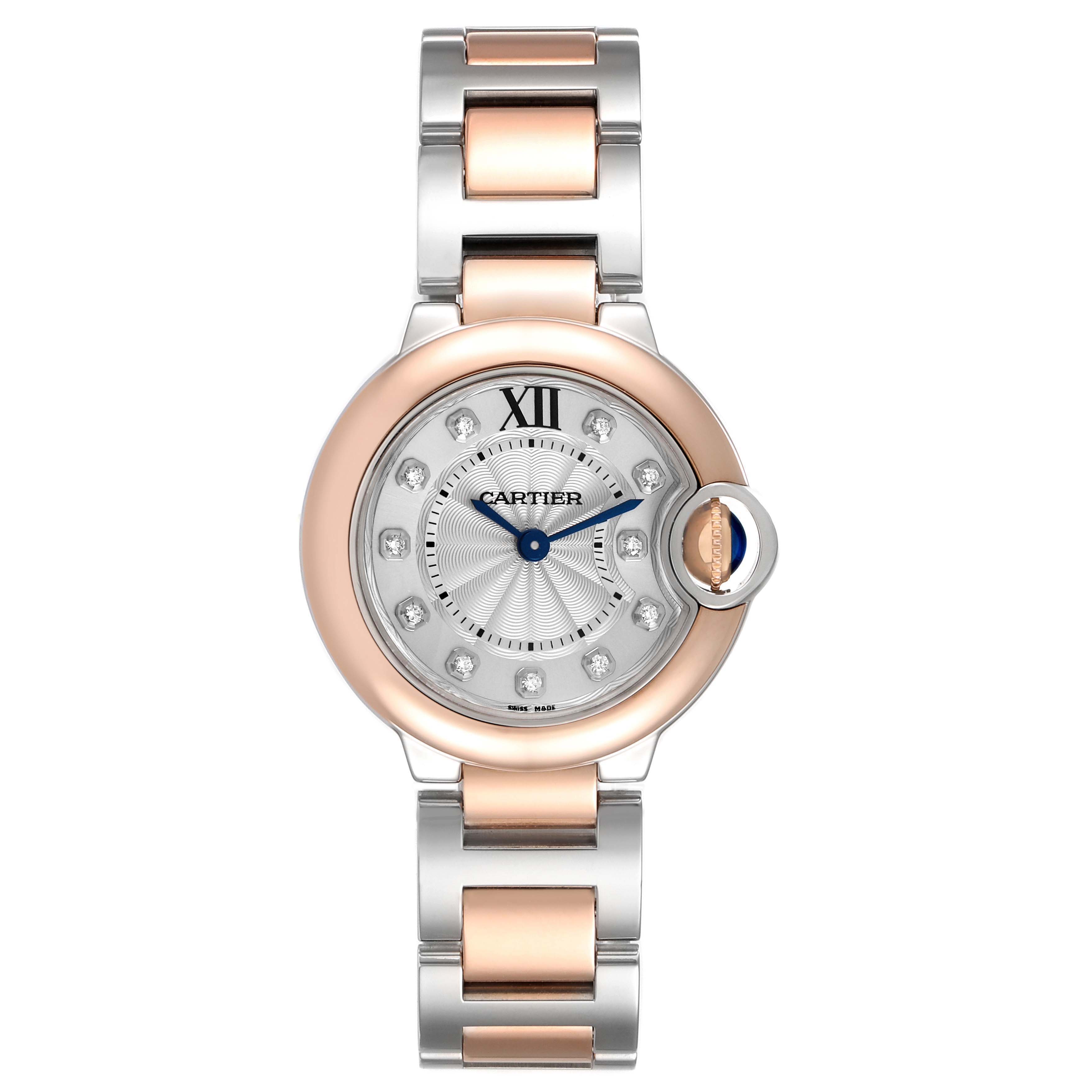 The Cartier Ballon Bleu W3BB0005 Women's Steel and Gold (two tone) Silver Dial watch is shown from a top view, highlighting its face, bezel, and bracelet design.