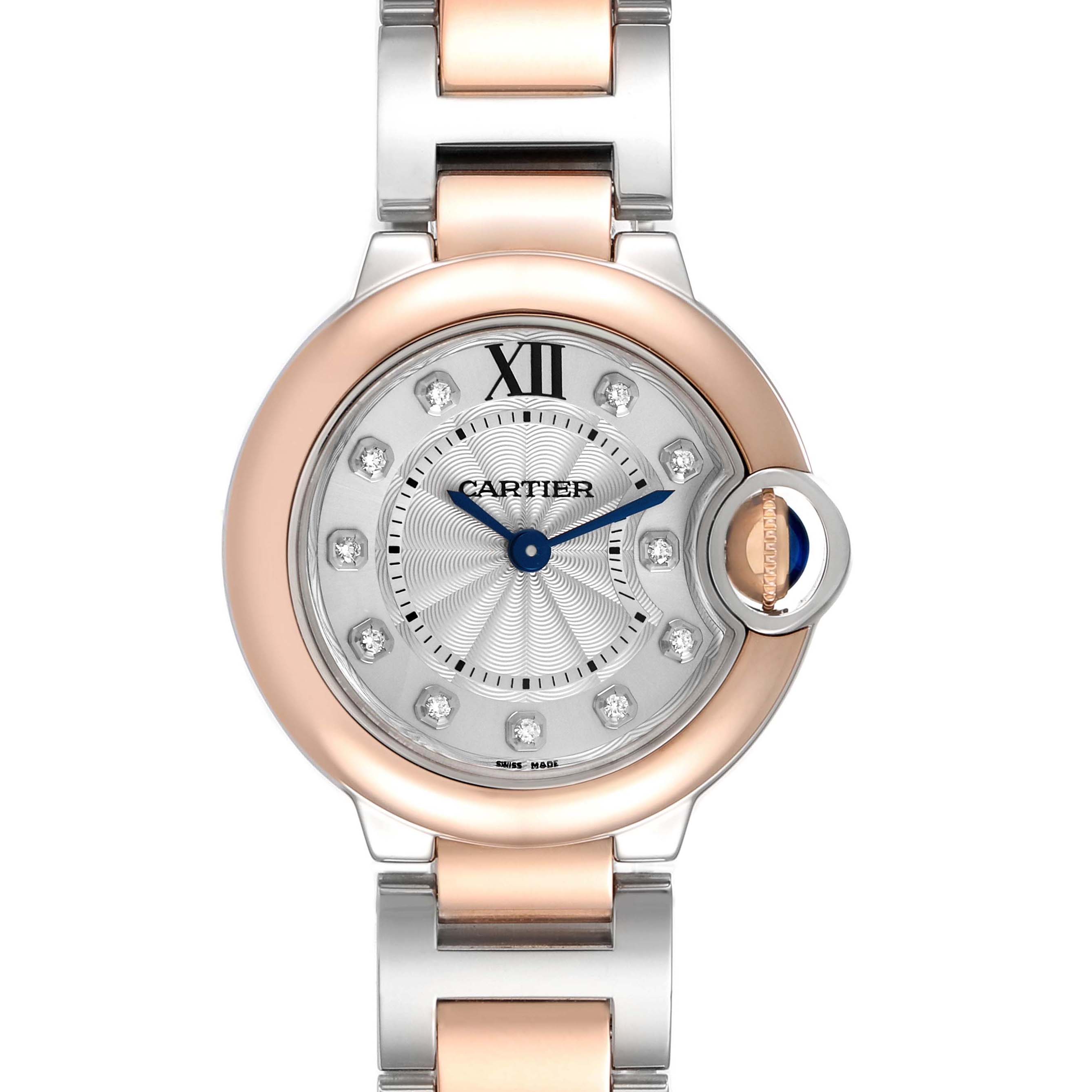 The Cartier Ballon Bleu W3BB0005 Women's Steel and Gold (two tone) Silver Dial watch is shown from the front, displaying the face, bracelet, and crown.