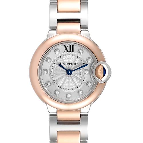 The Cartier Ballon Bleu W3BB0005 Women's Steel and Gold (two tone) Silver Dial watch is shown from the front, highlighting the face, bezel, crown, and bracelet.