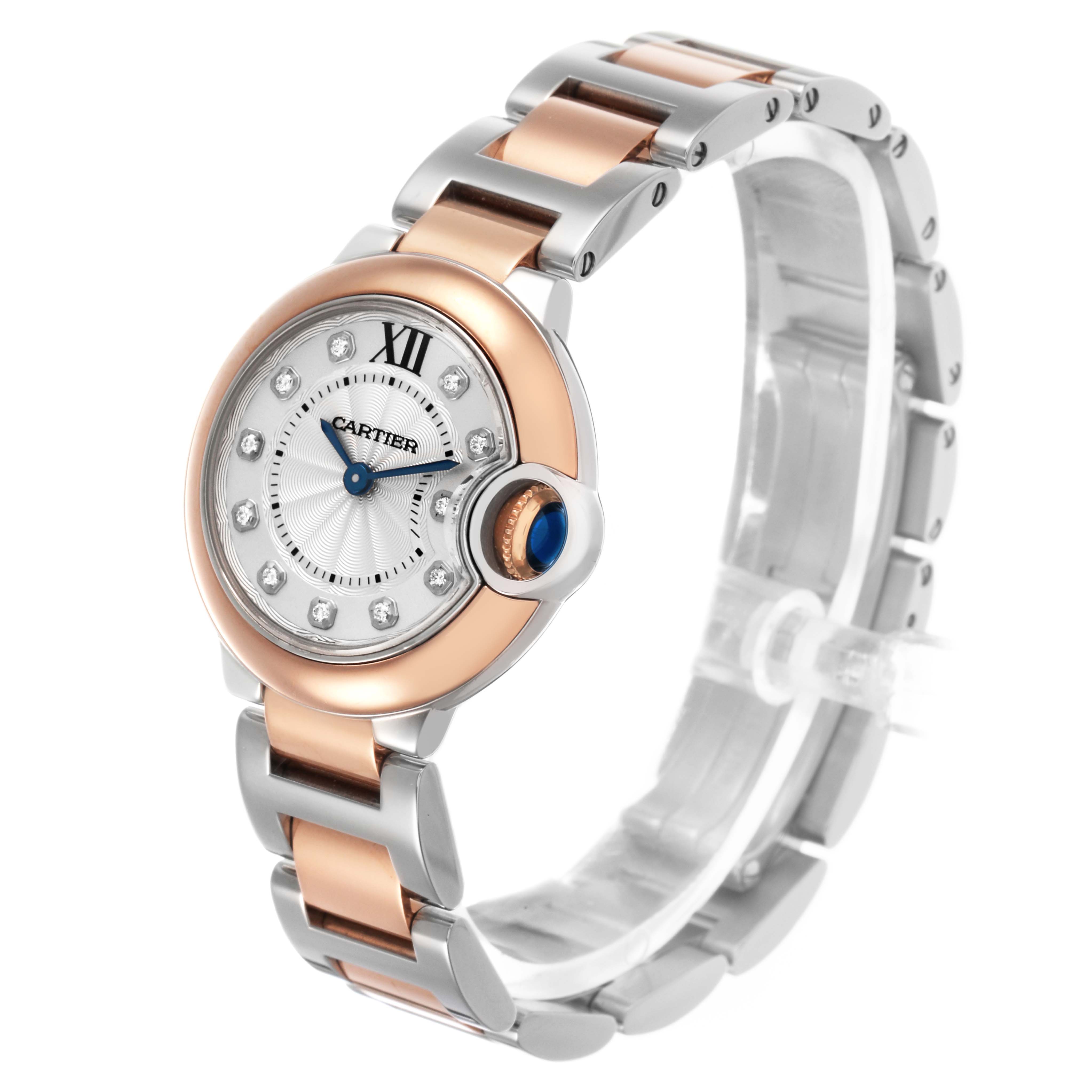 The Cartier Ballon Bleu W3BB0005 Women's Steel and Gold (two tone) Silver Dial is shown at a front-left angle, displaying the face, bezel, stone-set crown, and part of its two-tone bracelet.