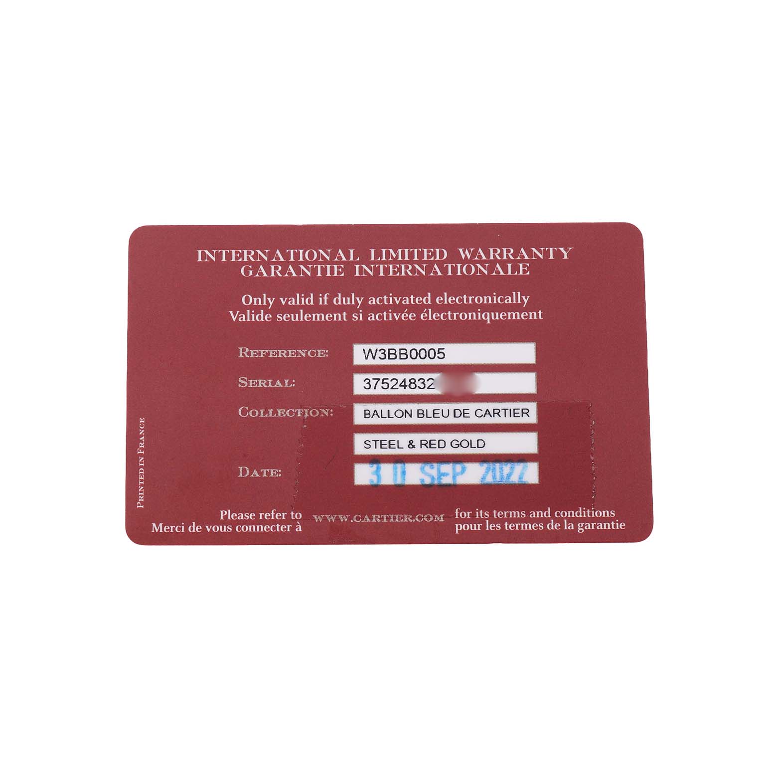 The image shows a warranty card for a Ballon Bleu de Cartier watch, with details like reference and serial number.